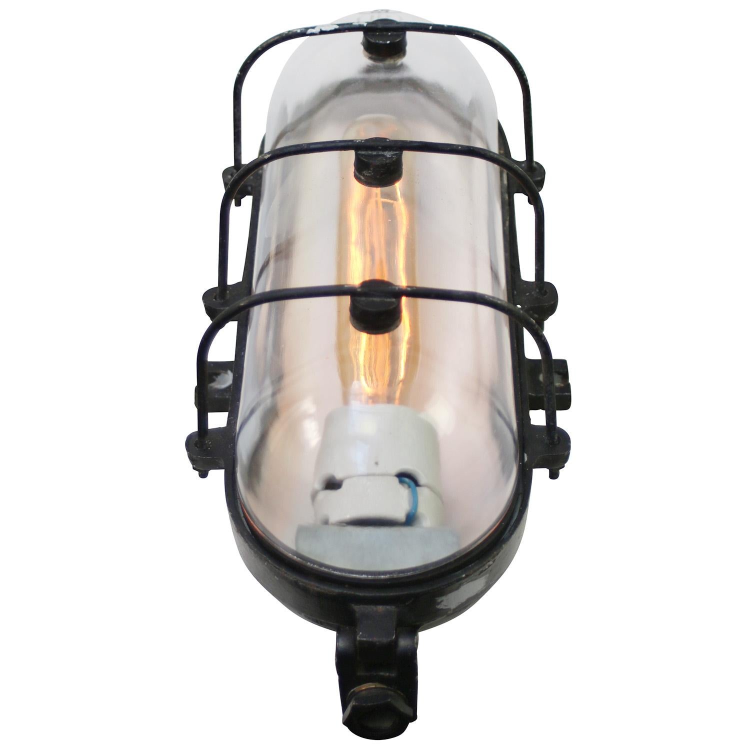 Dutch Black Cast Iron Vintage Industrial Clear Glass Wall Lamp Sconce For Sale
