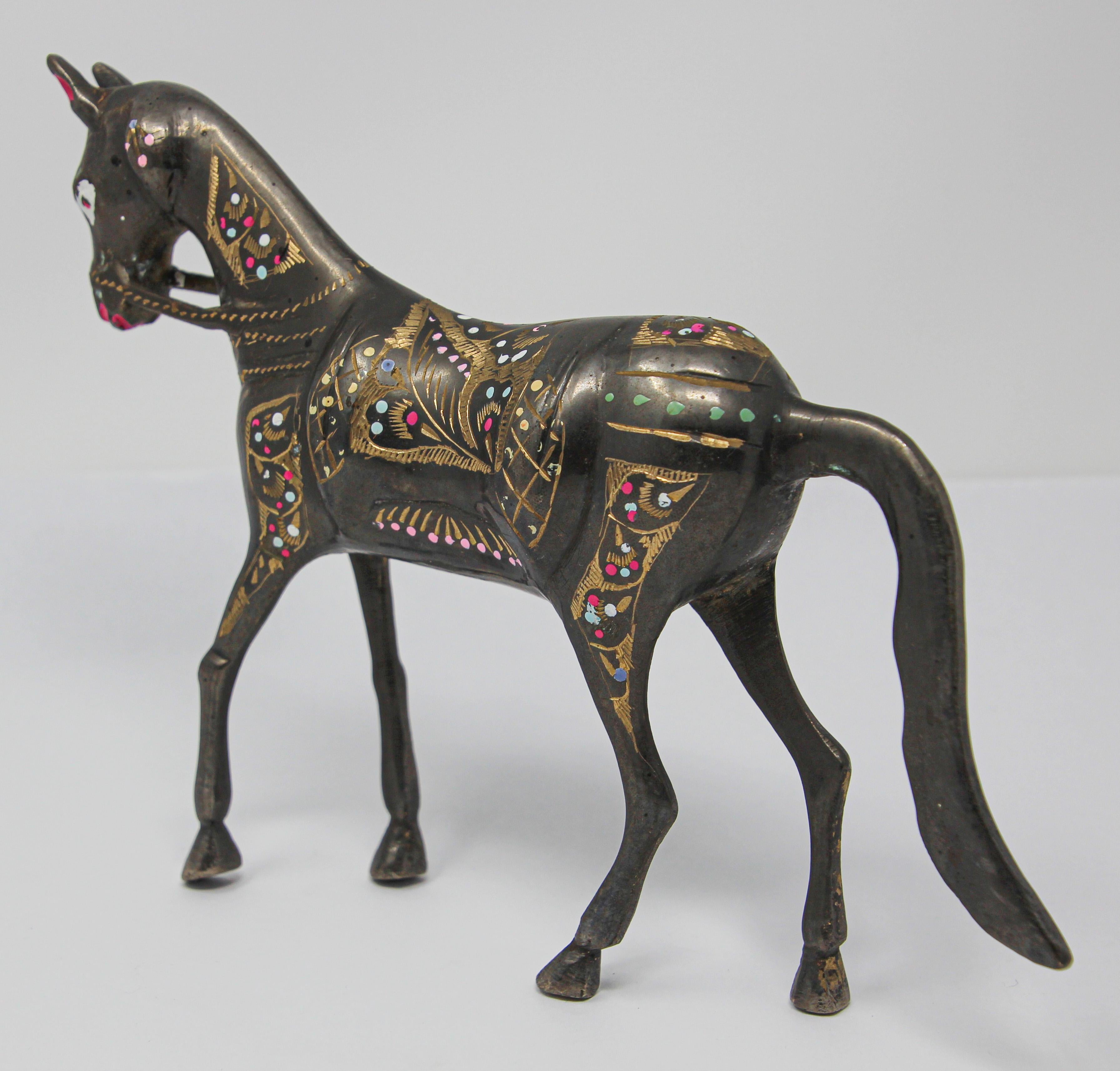 20th Century Black Cast Metal Horse Hand Painted with Wedding Ceremonial Costume, India
