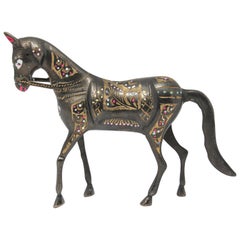 Black Cast Metal Horse Hand Painted with Wedding Ceremonial Costume, India