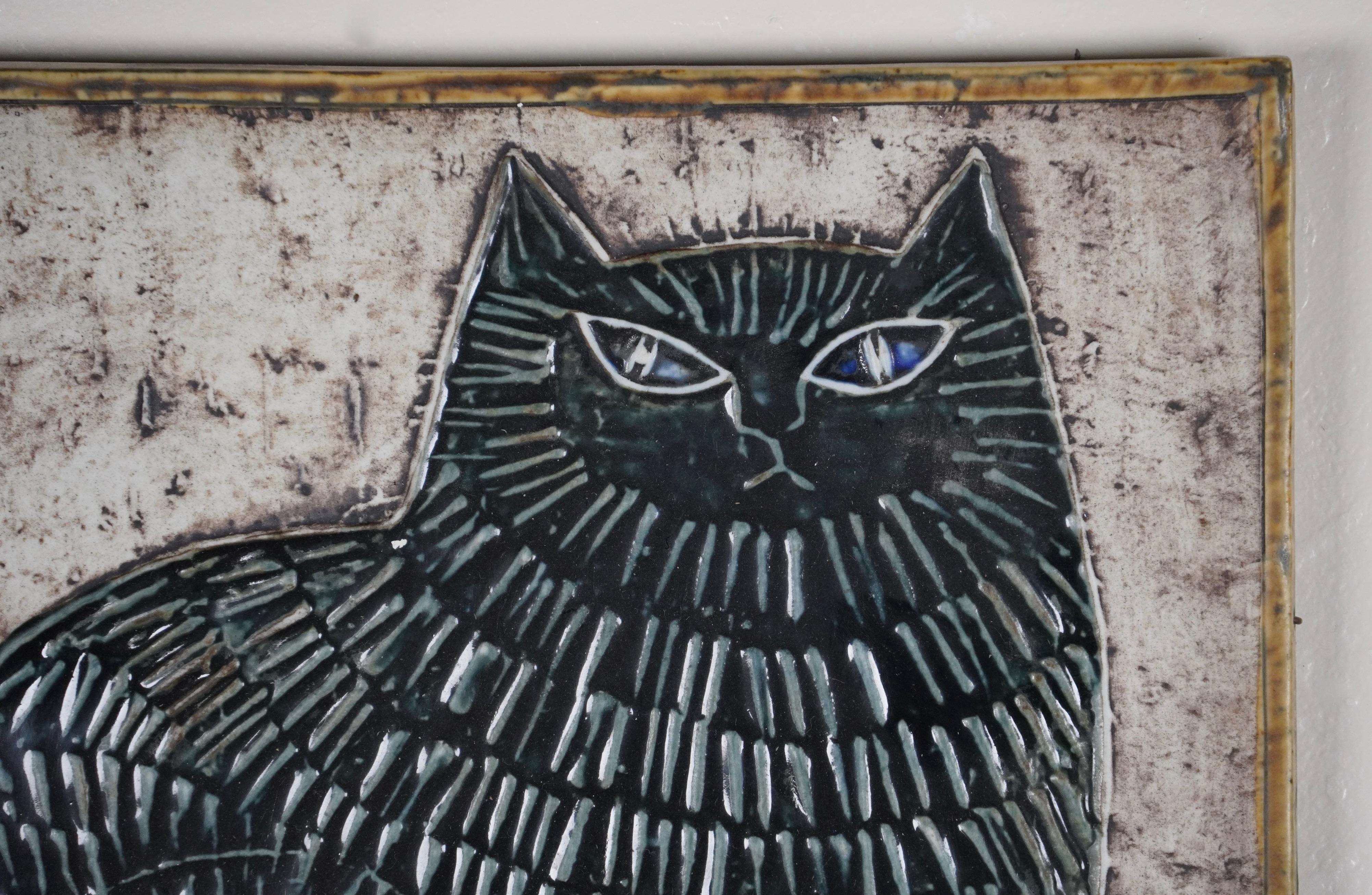 Scandinavian Modern Black Cat Hanging Ceramic Tile / Wall Plaque by Lisa Larson for Gustavsberg