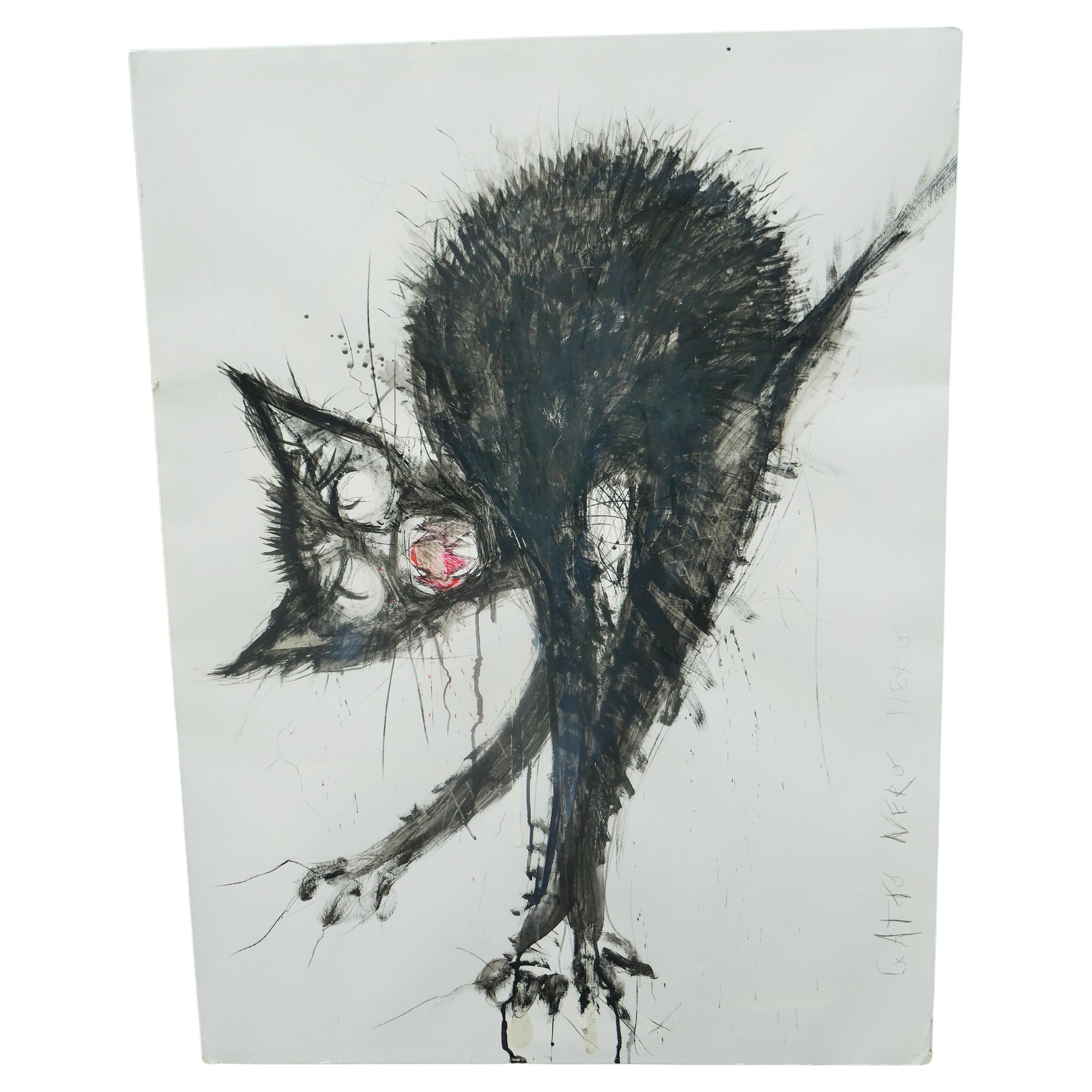 Italian Black cat painting in chalk and acrylic   47