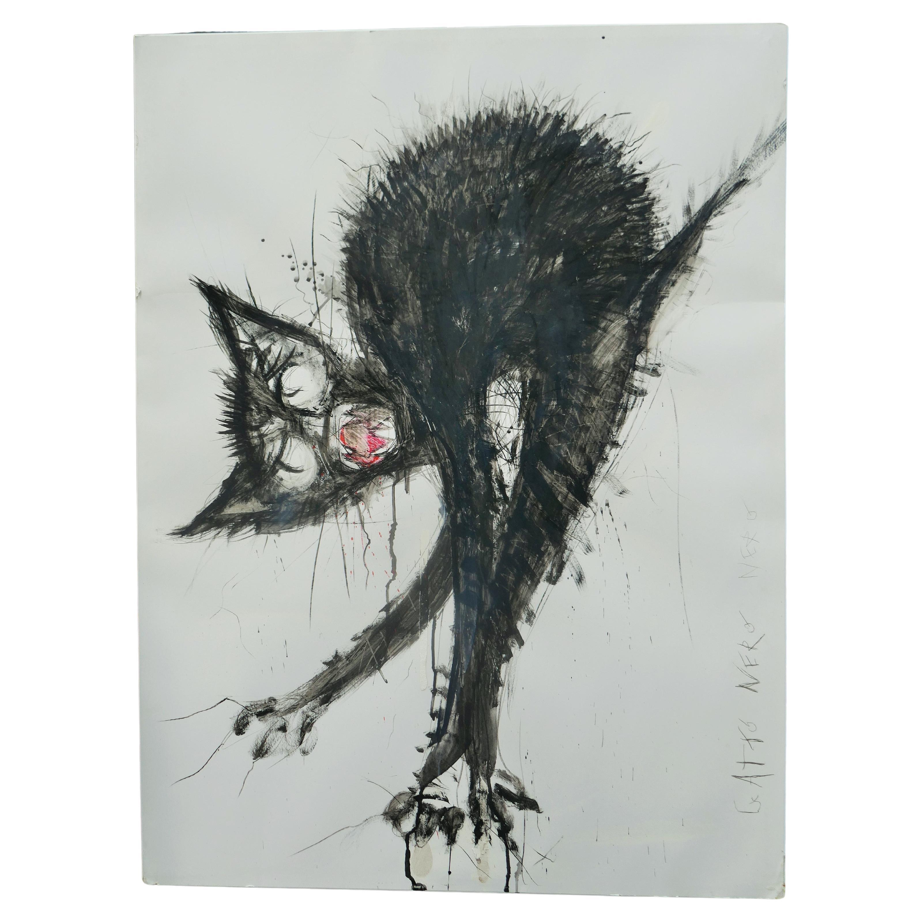 Black cat painting in chalk and acrylic   47"/35" For Sale