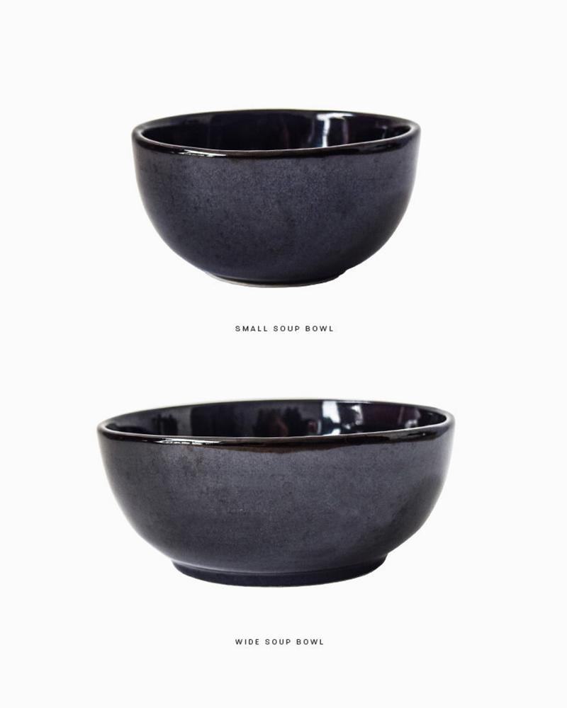 Contemporary Black Caviar Organic Modern Handmade Wide Soup Bowls, Set of 4