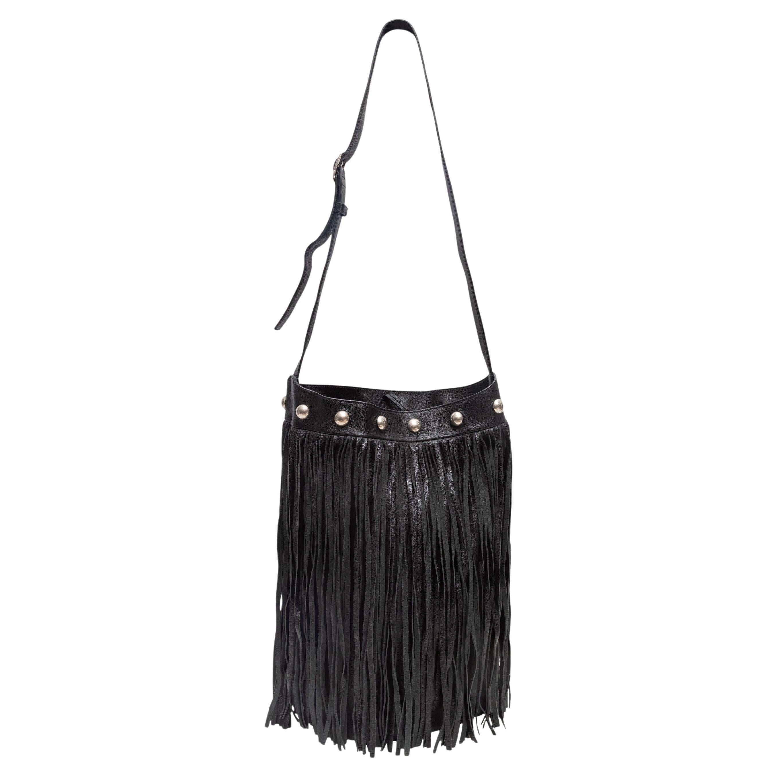 Black Celine Medium Studded 
Fringe Bucket Bag