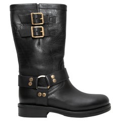 Schwarze Celine Spring 2024 Moto-Stiefel mit Lederschnalle aus schwarzem Leder Größe 37