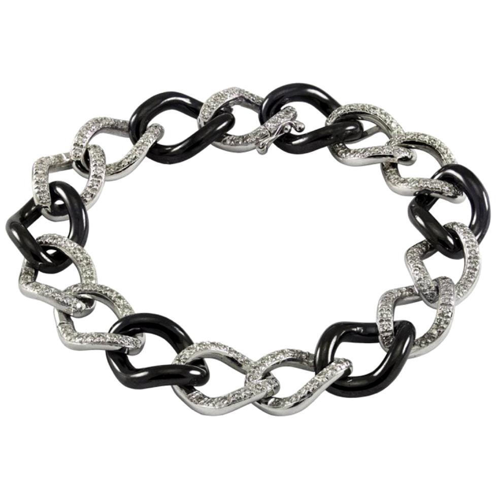 Black Ceramic and 18 Karat White Gold Chain Bracelet with White