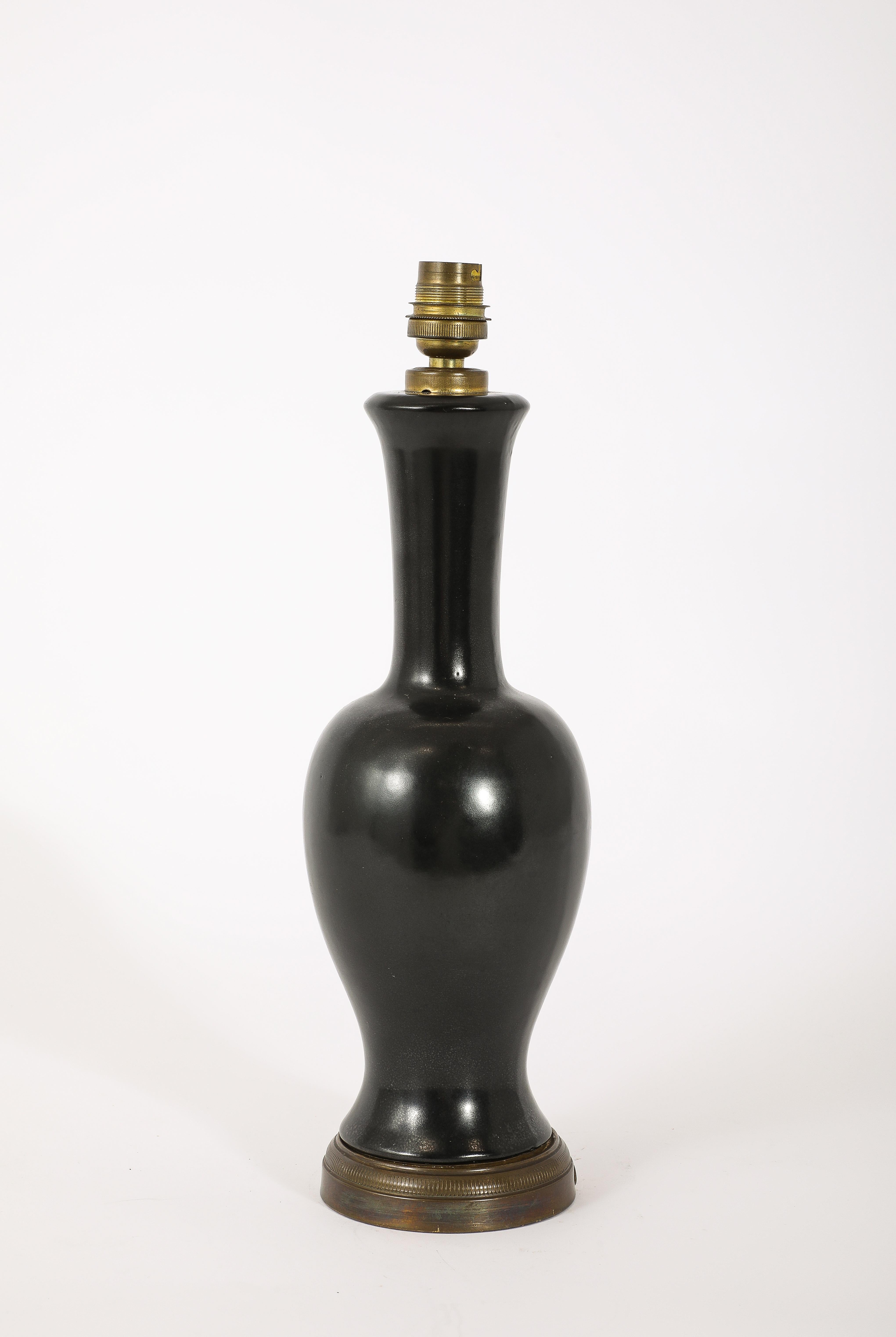 Black Ceramic And Brass Lamp, France 1960's For Sale 4