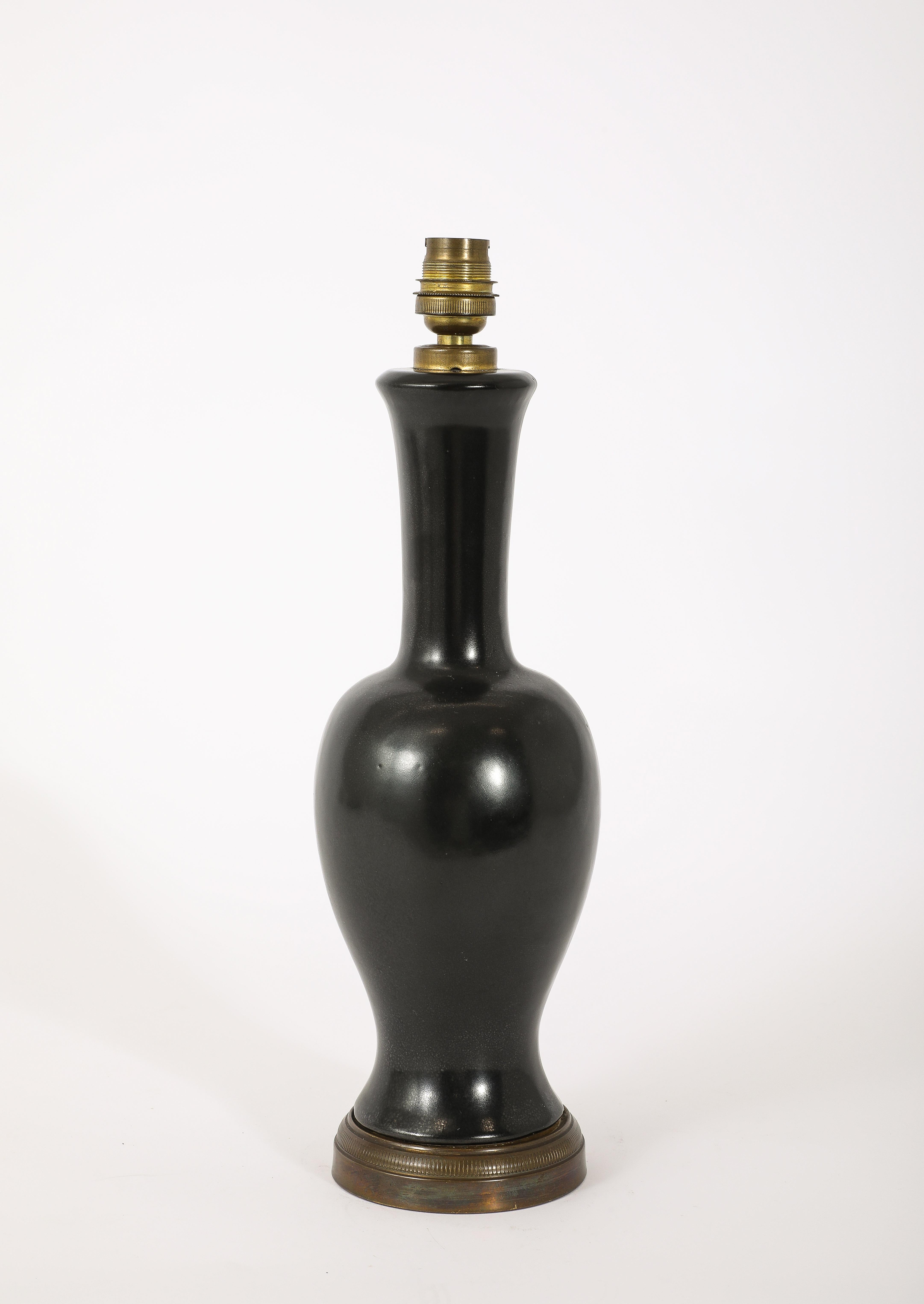 Black Ceramic And Brass Lamp, France 1960's For Sale 5