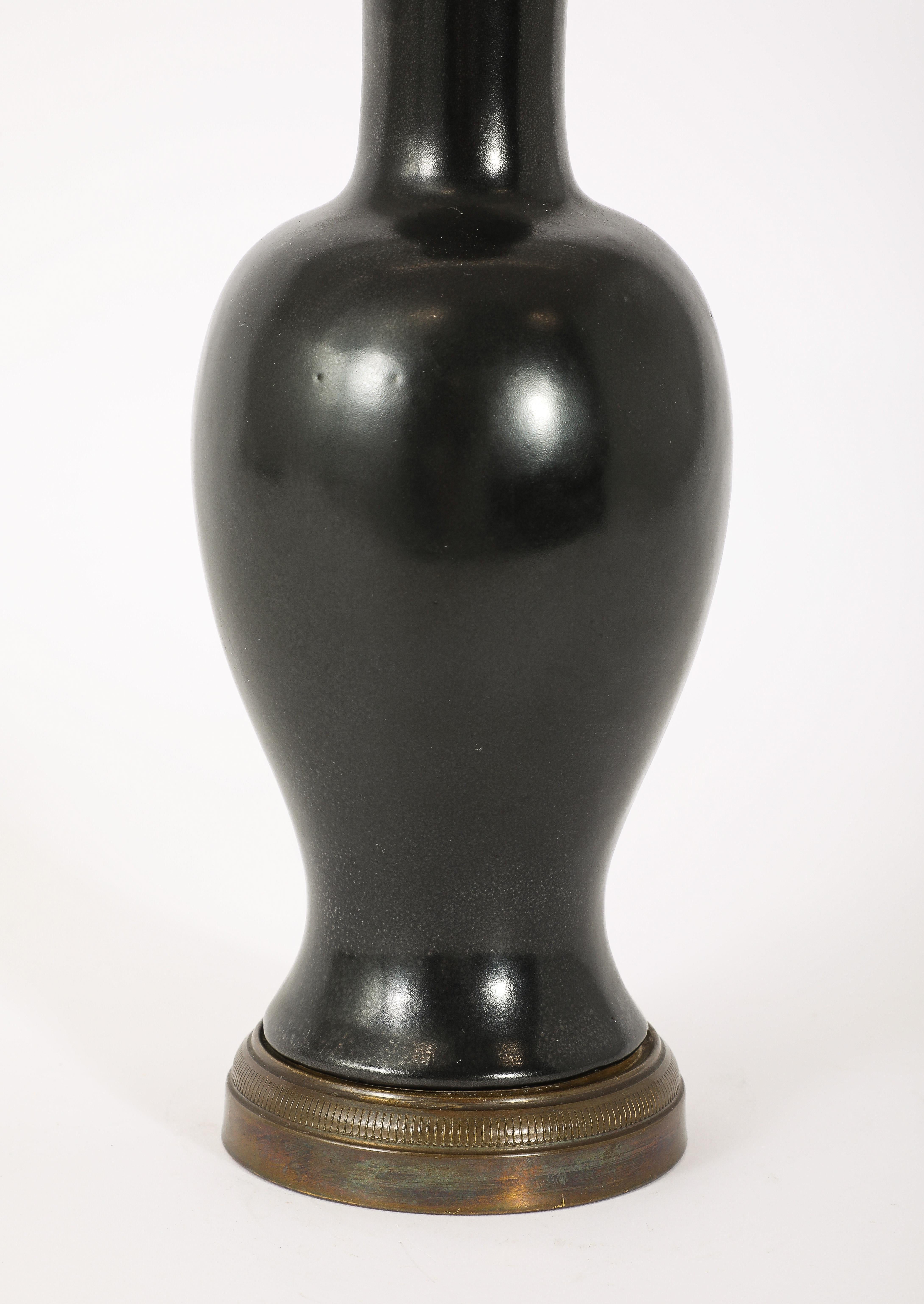 Black Ceramic And Brass Lamp, France 1960's For Sale 6