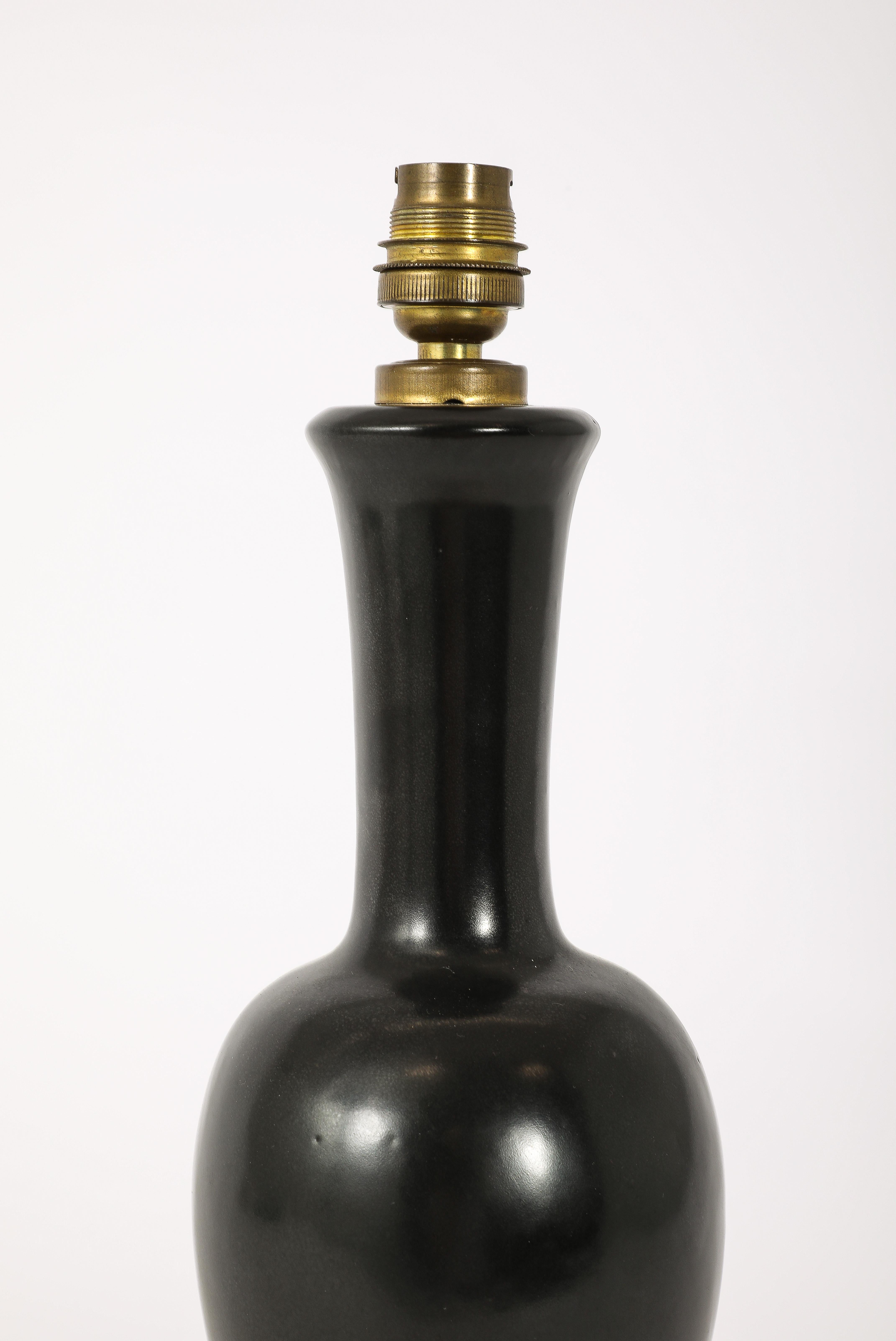 Black Ceramic And Brass Lamp, France 1960's For Sale 7
