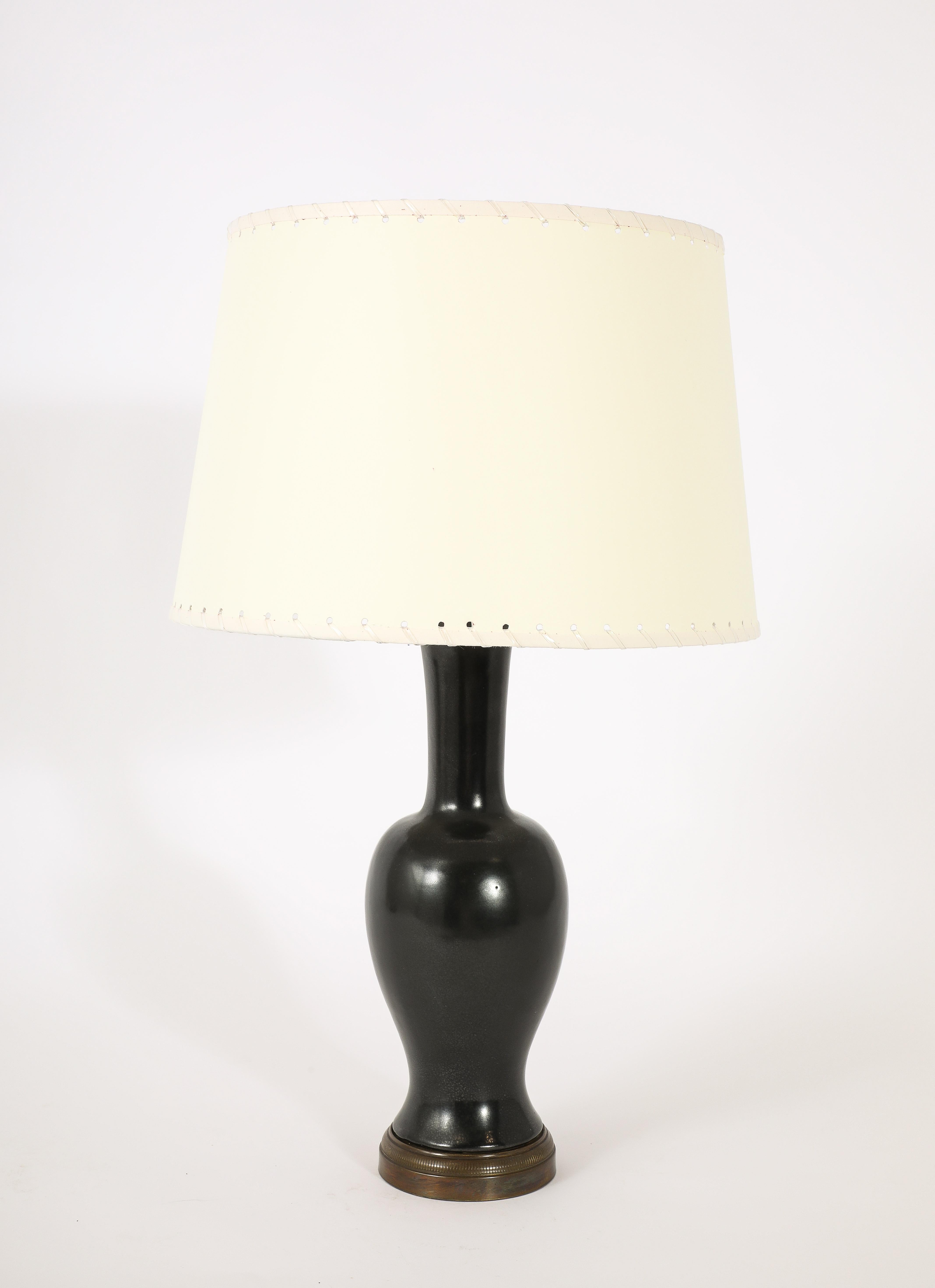 Mid-Century Modern Black Ceramic And Brass Lamp, France 1960's For Sale