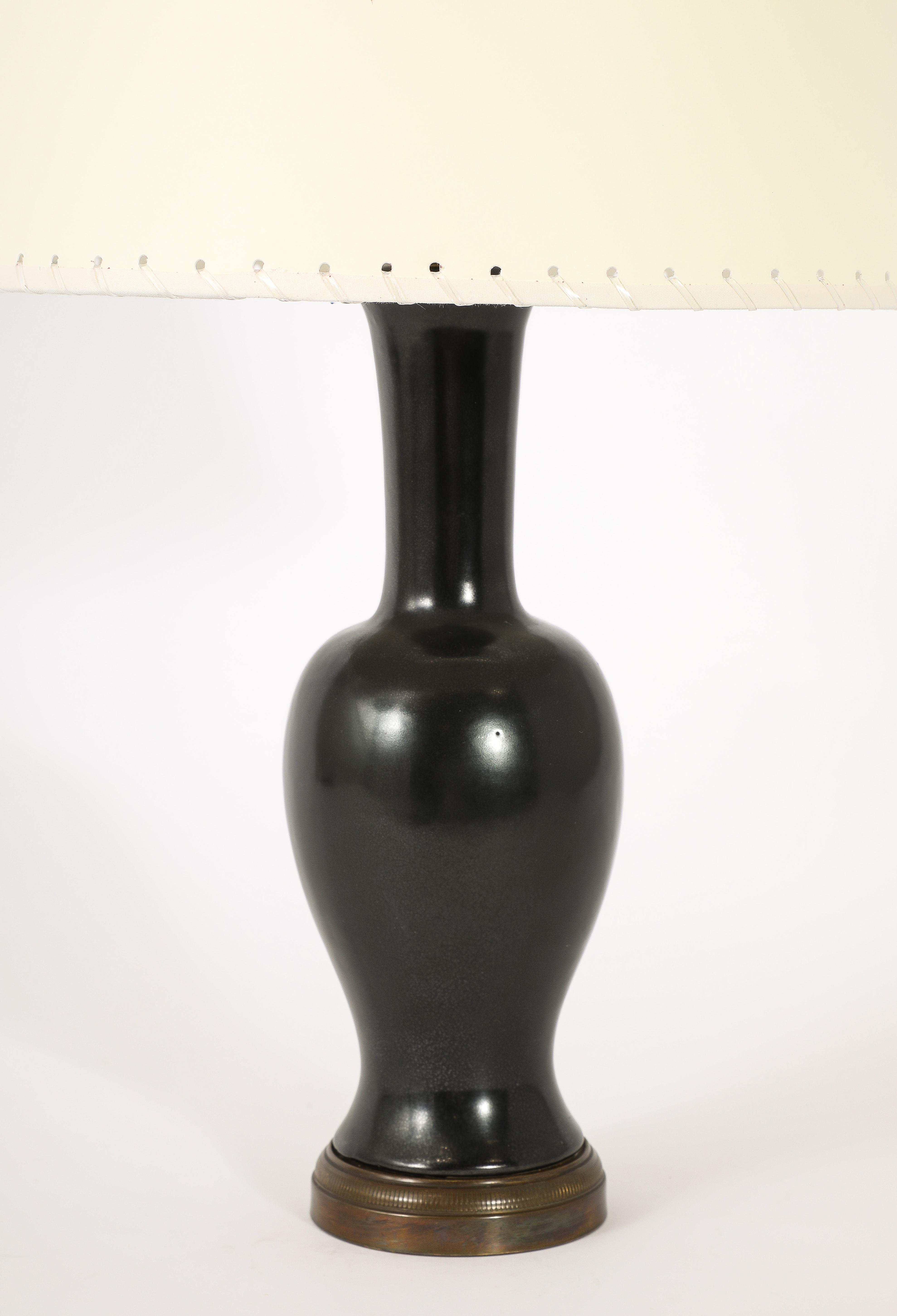 French Black Ceramic And Brass Lamp, France 1960's For Sale