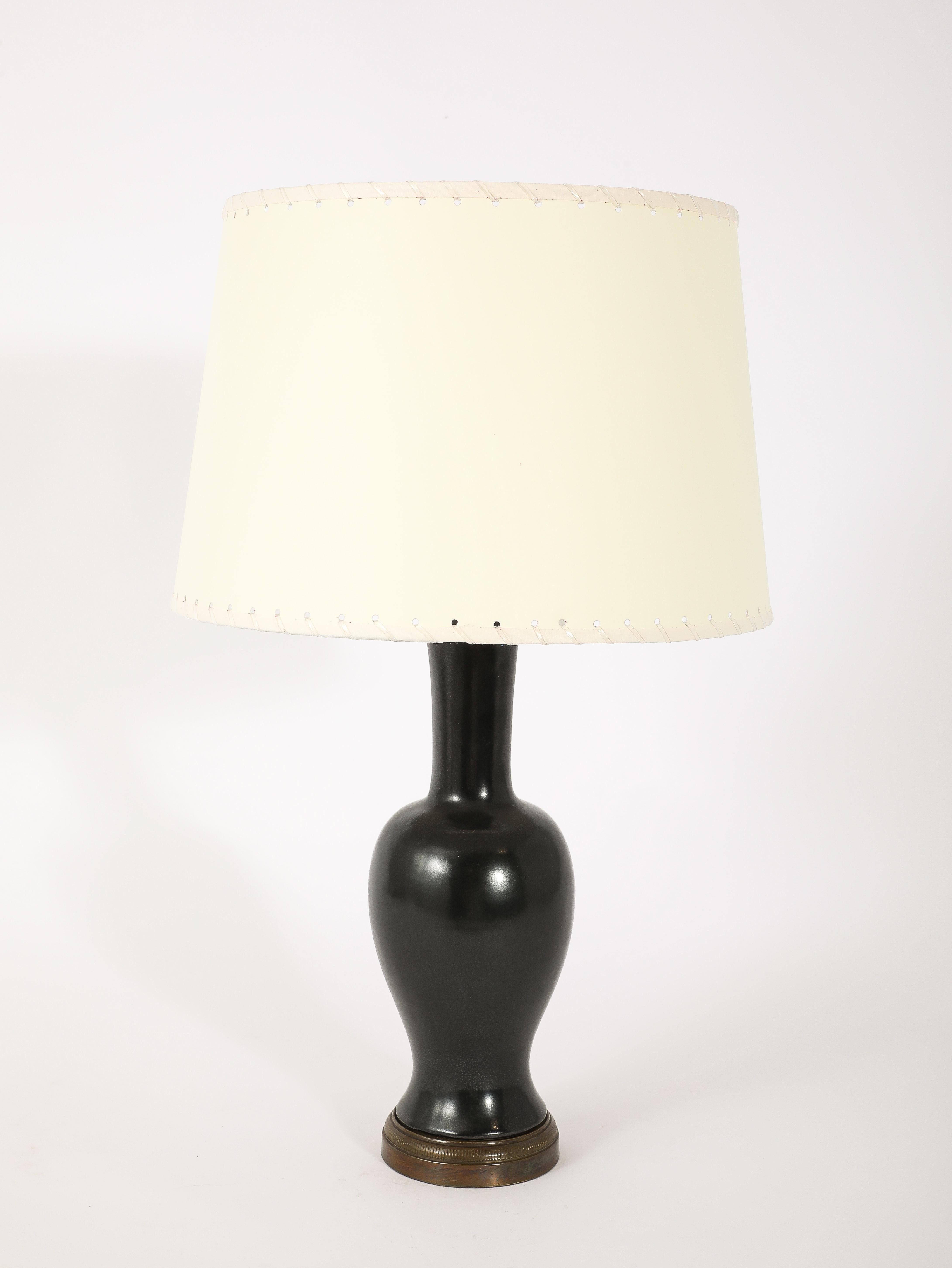 Black Ceramic And Brass Lamp, France 1960's In Good Condition For Sale In New York, NY