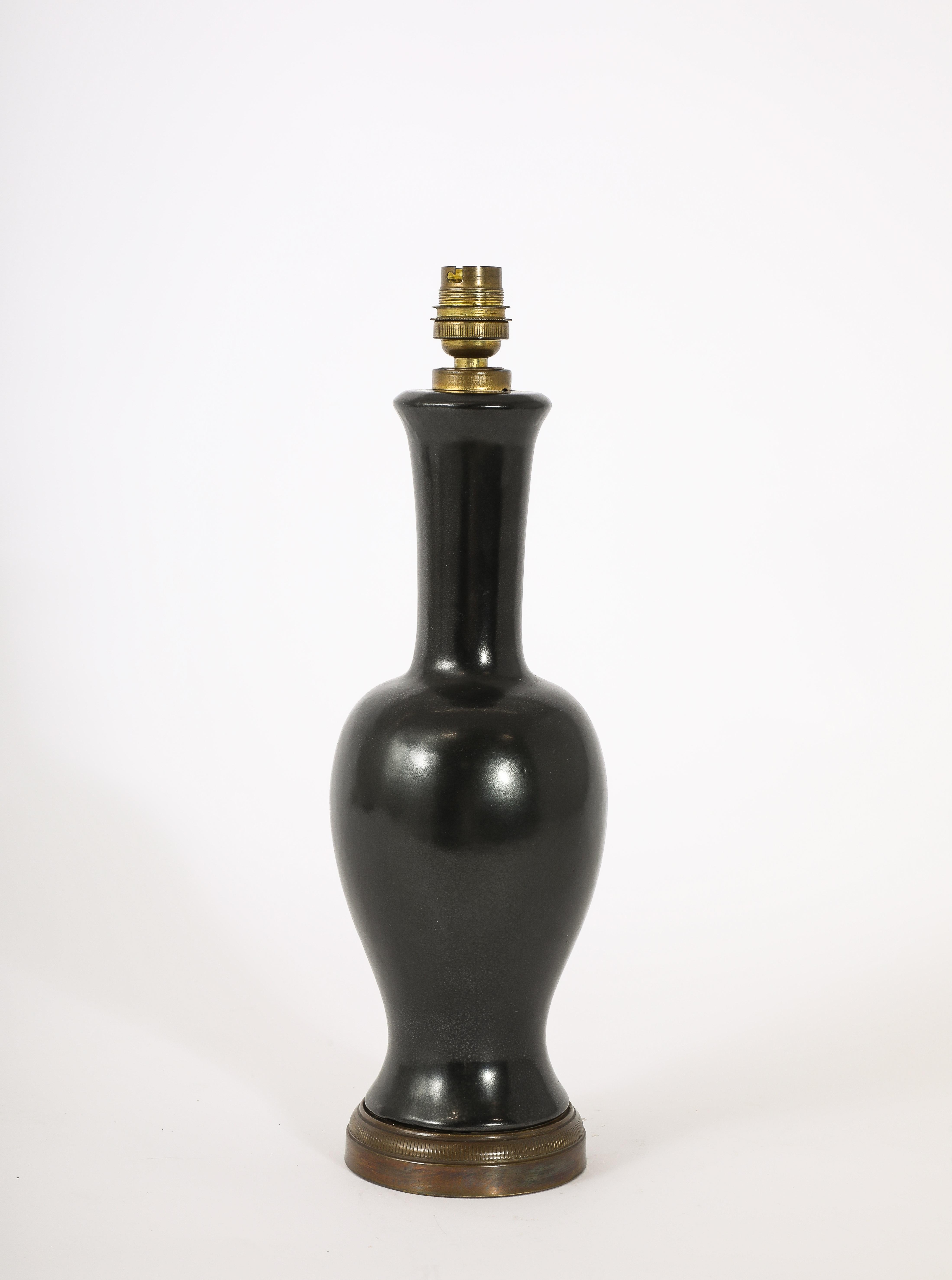 20th Century Black Ceramic And Brass Lamp, France 1960's For Sale