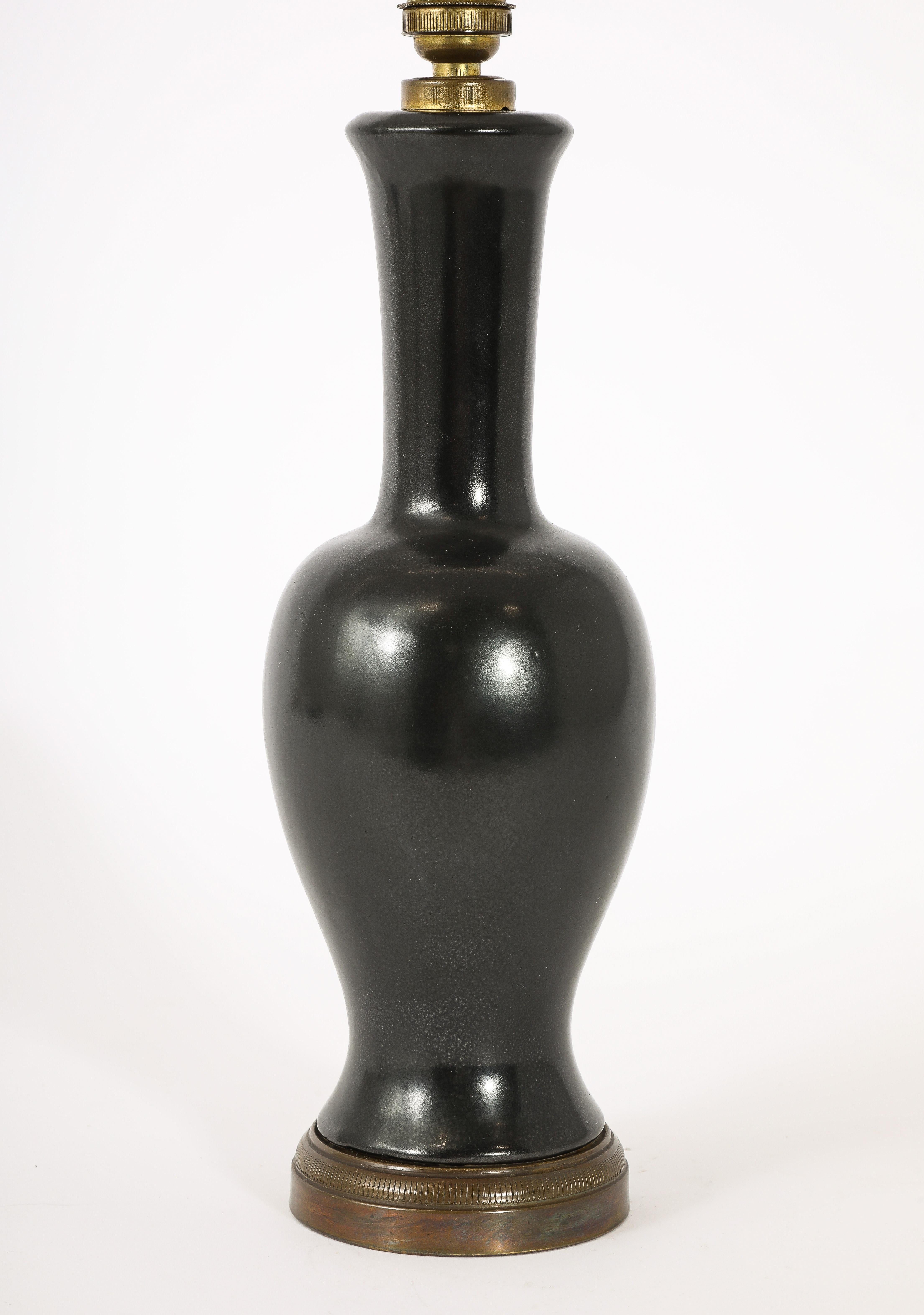 Black Ceramic And Brass Lamp, France 1960's For Sale 1