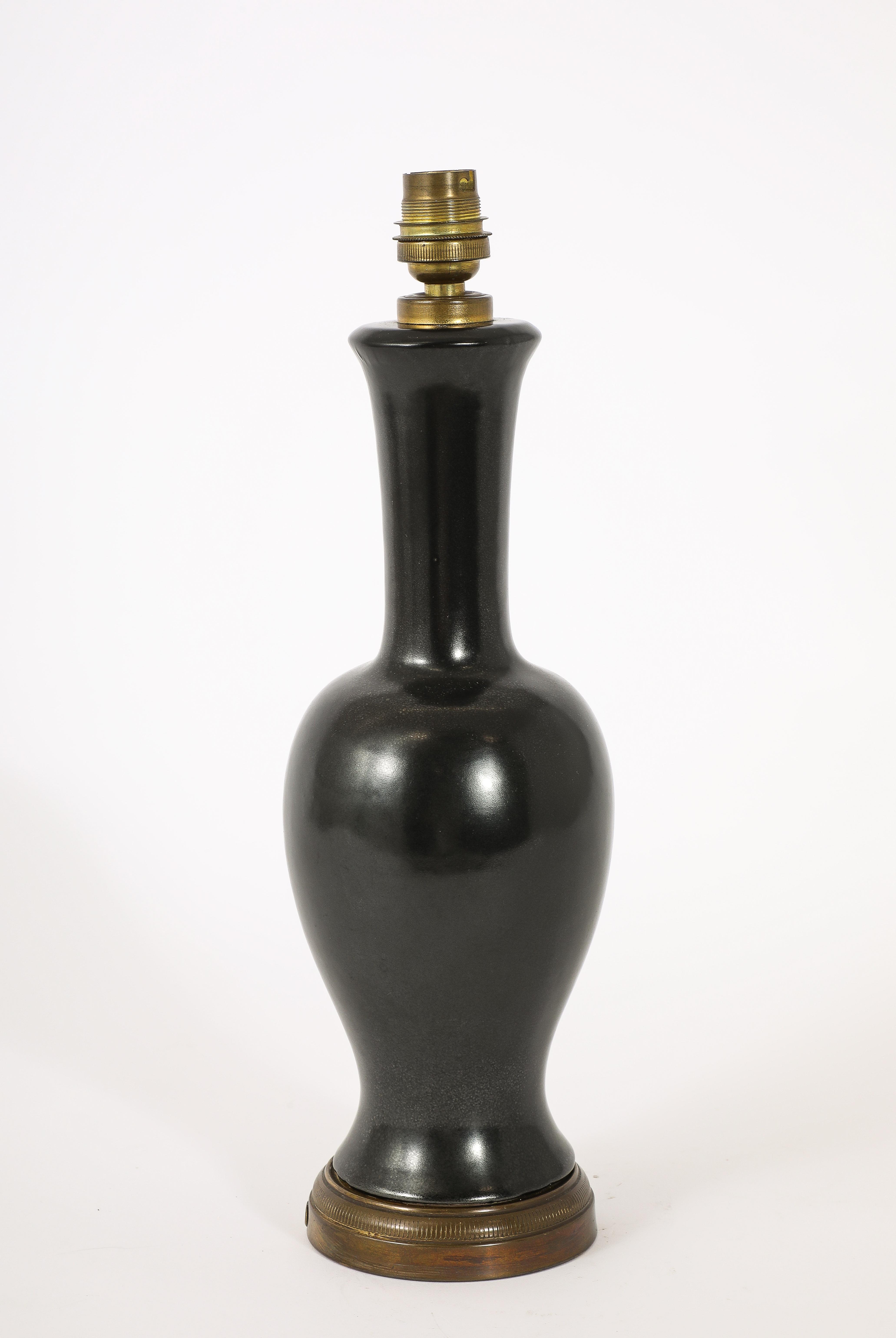 Black Ceramic And Brass Lamp, France 1960's For Sale 2