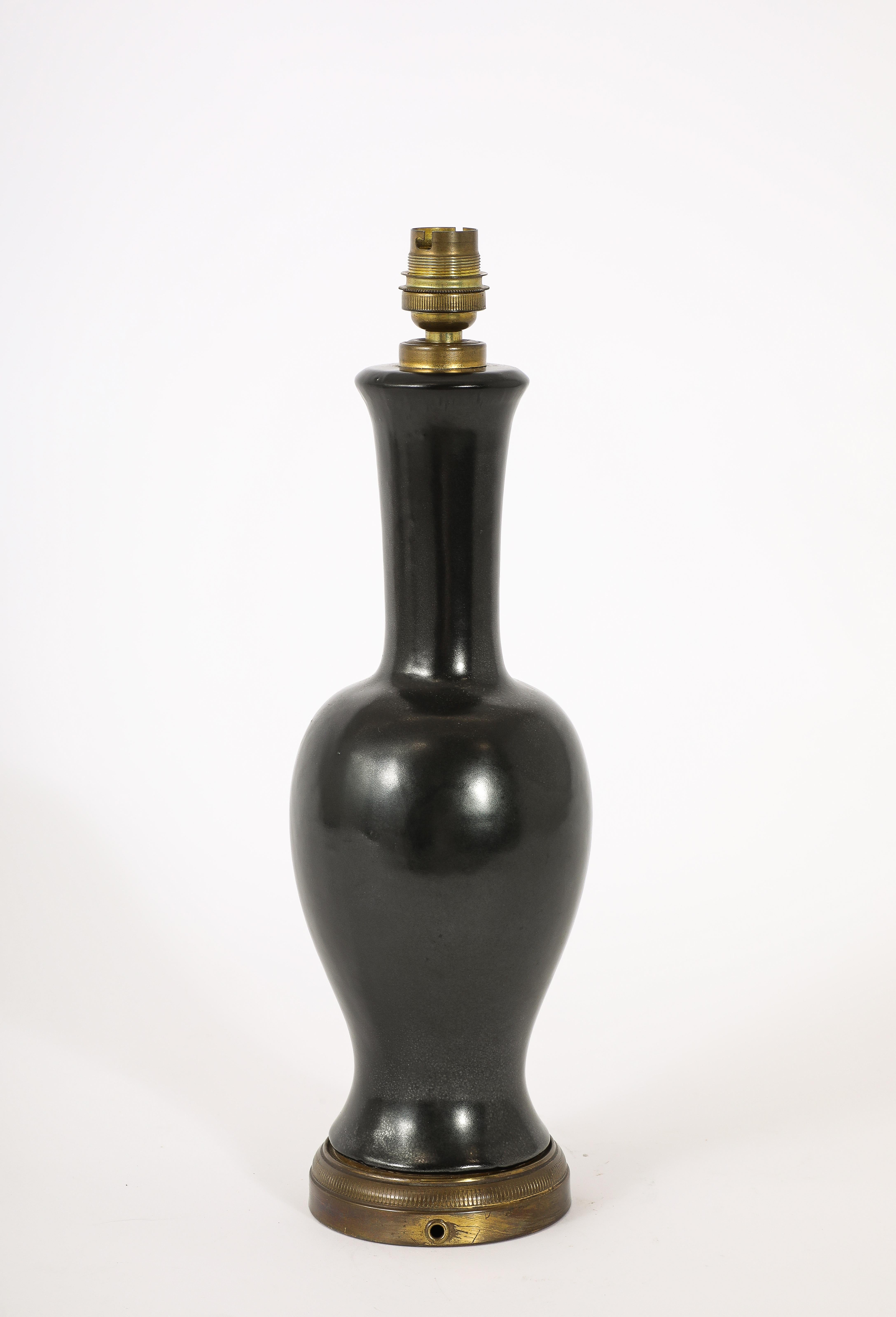 Black Ceramic And Brass Lamp, France 1960's For Sale 3