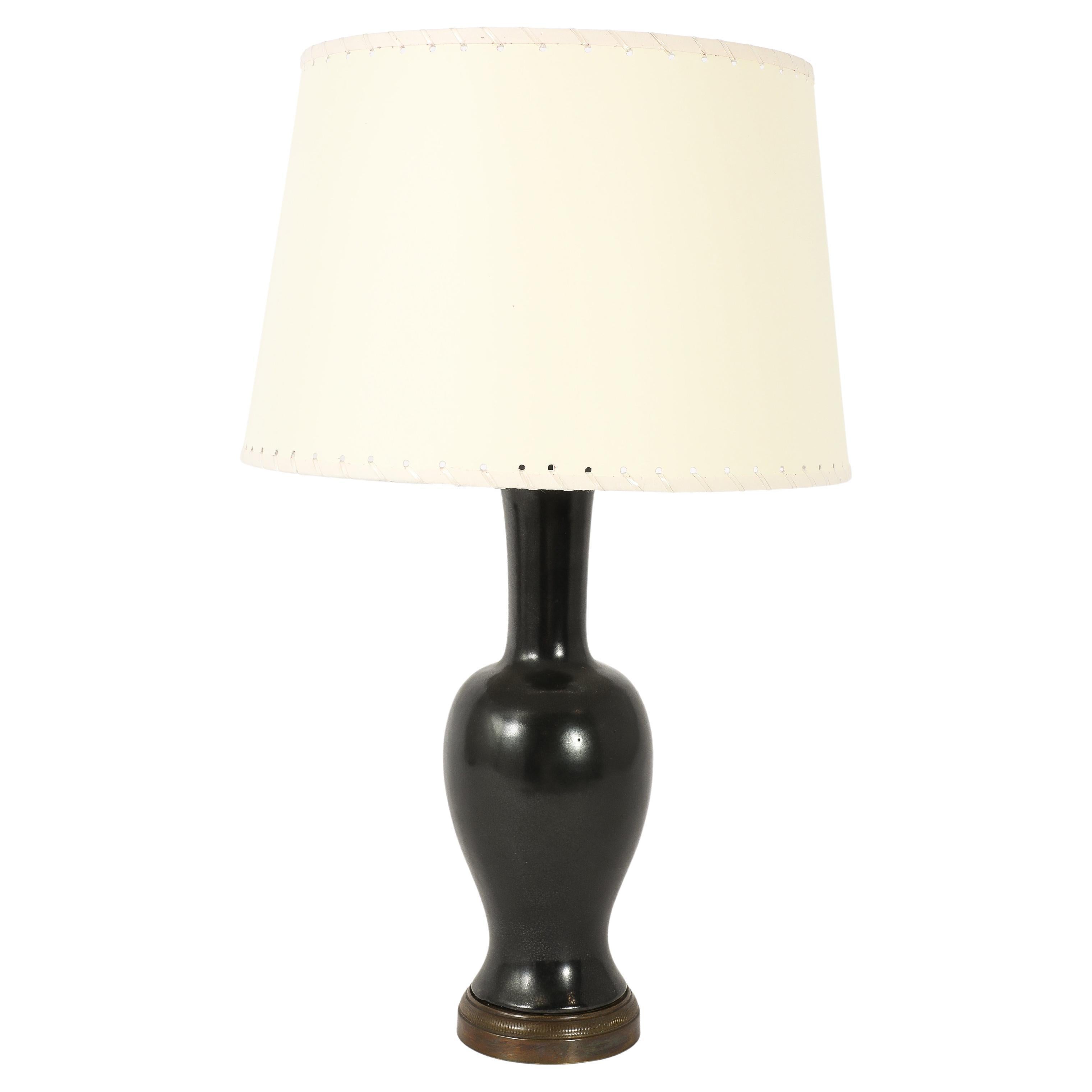 Black Ceramic And Brass Lamp, France 1960's For Sale