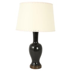 Vintage Black Ceramic And Brass Lamp, France 1960's