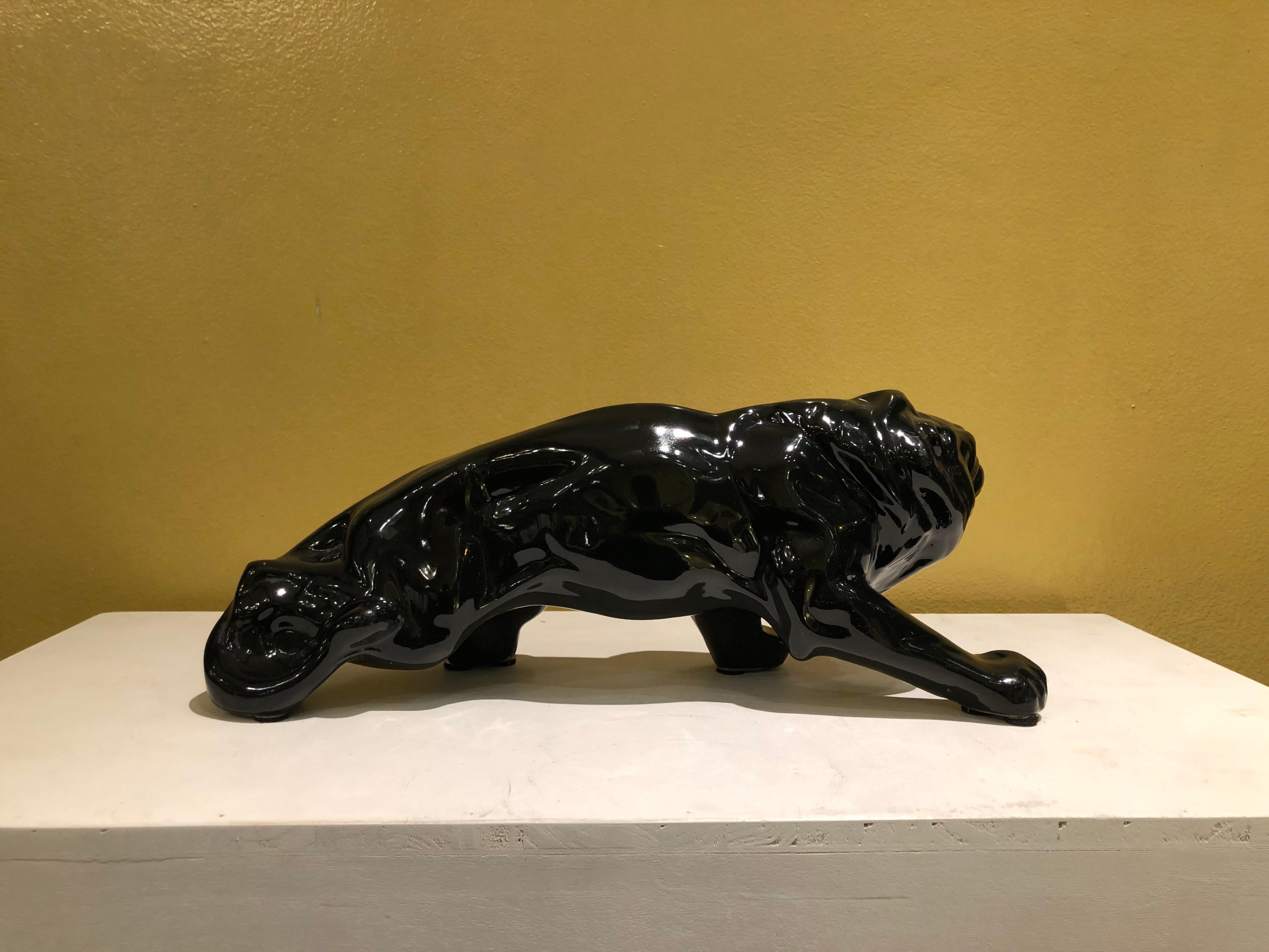 Mid-Century Modern Black Ceramic Animalier Lion Sculpture