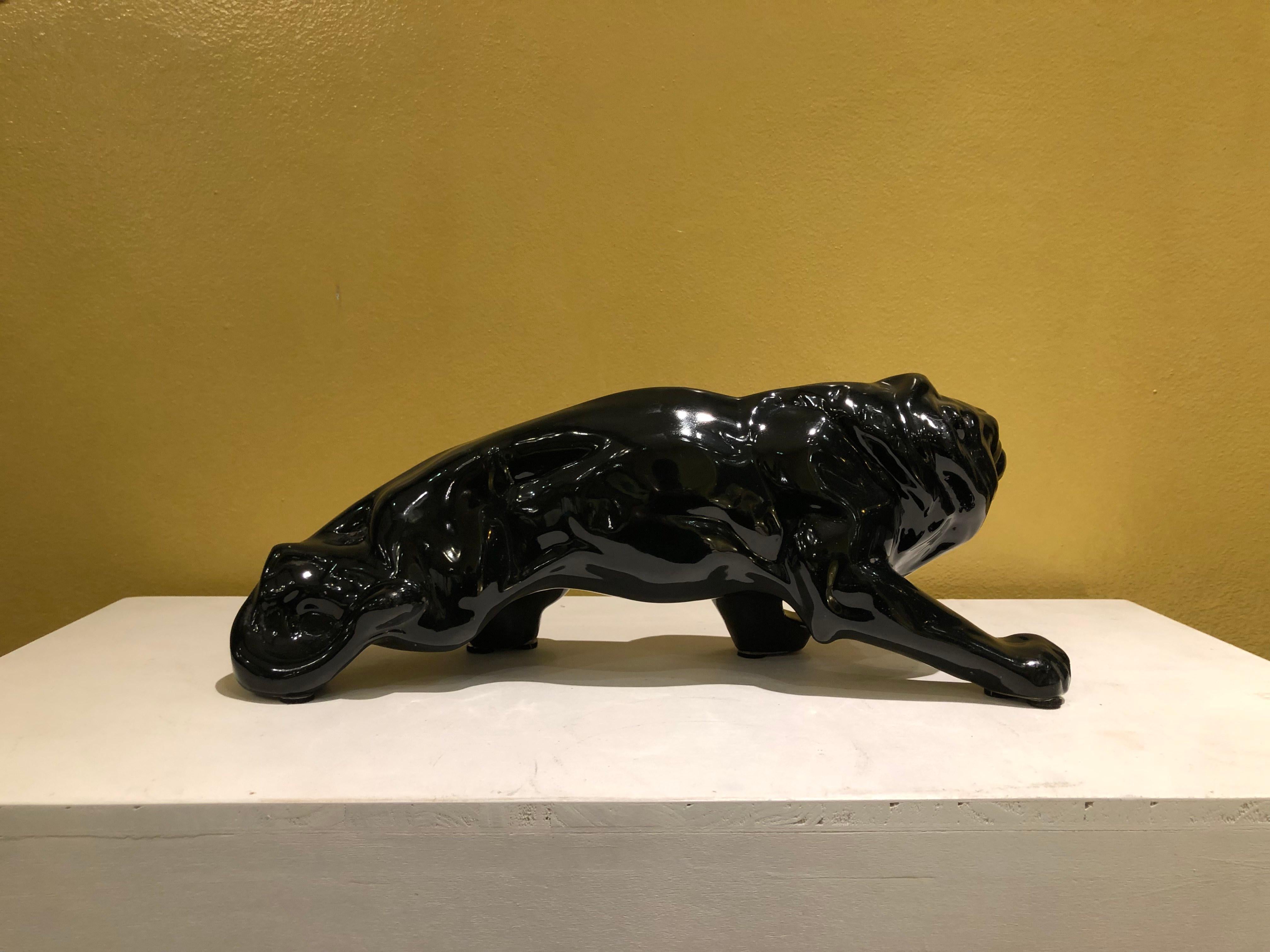 20th Century Black Ceramic Animalier Lion Sculpture