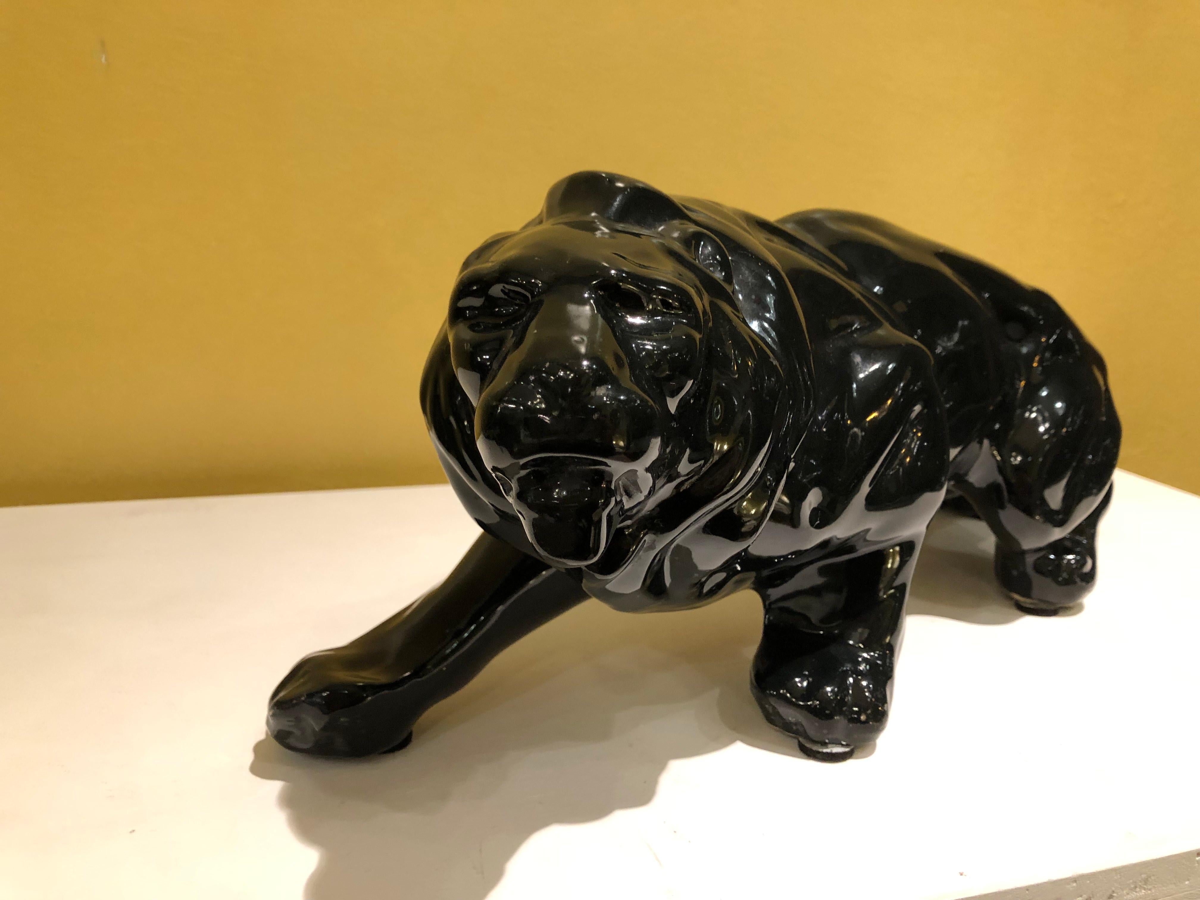 Black Ceramic Animalier Lion Sculpture 1