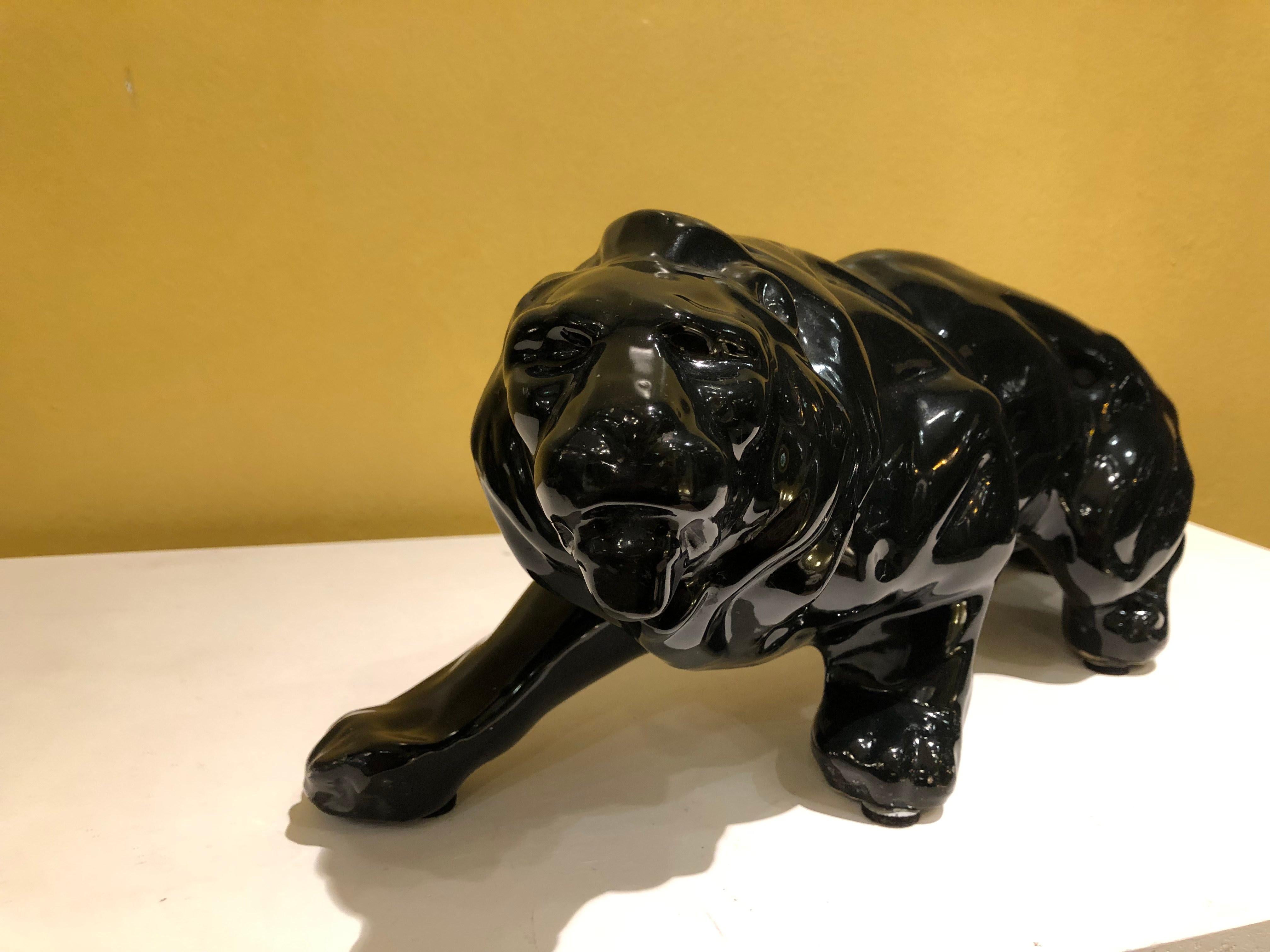 Black Ceramic Animalier Lion Sculpture 2