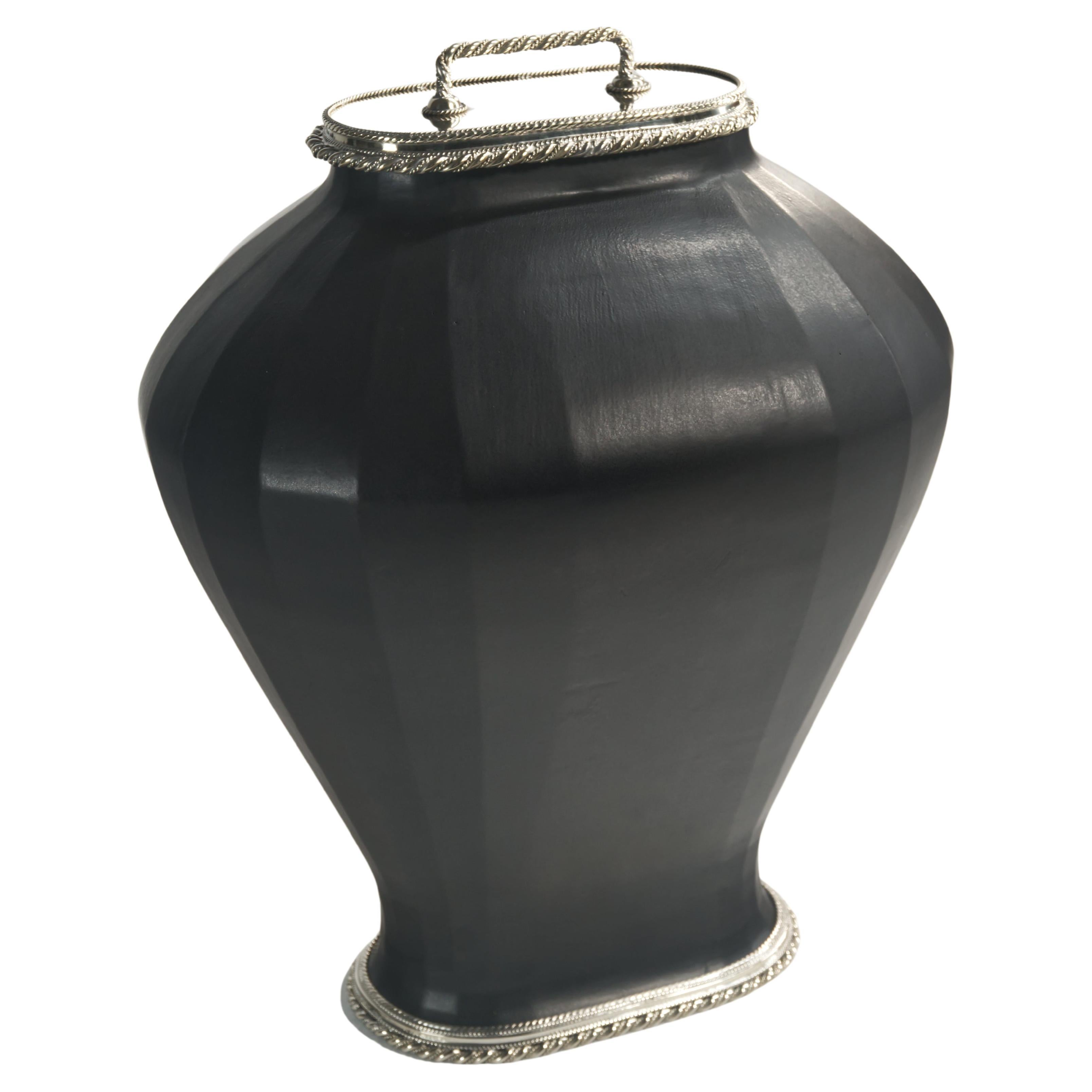 Black Ceramic Base by Estudio Guerrero Made with Glazed Ceramic and White Metal For Sale