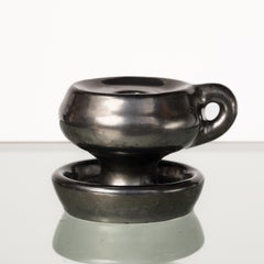 Black Ceramic Candlestick in the Style of Jouve, France, 1960's