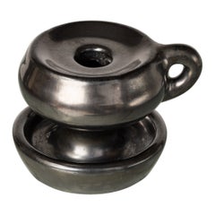 Black Ceramic Candlestick in the Style of Jouve, France, 1960's