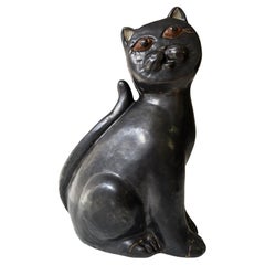 Black Ceramic Cat Sculpture, Mid-Century Modern, in the Style of Vallauris