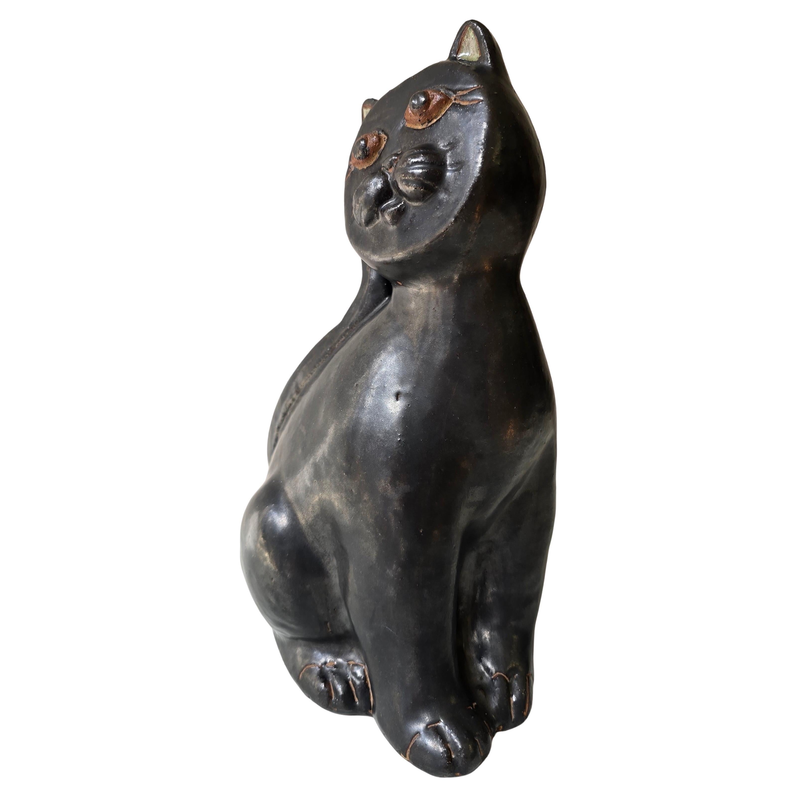 Europeo Scultura di gatto in ceramica nera, stile metà del secolo scorso, in stile Vallauris AM in vendita