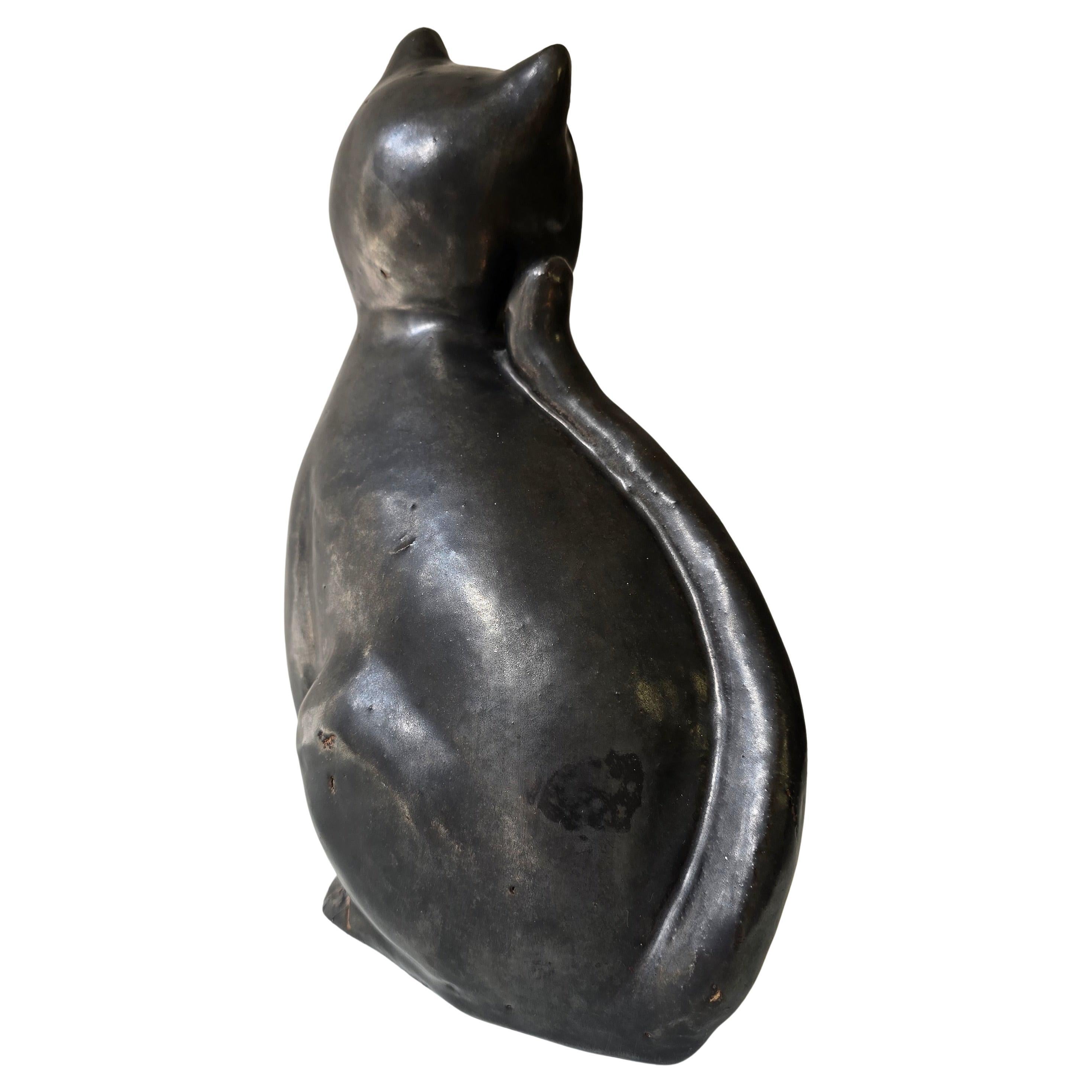 Scultura di gatto in ceramica nera, stile metà del secolo scorso, in stile Vallauris AM In condizioni buone in vendita a Antwerp, BE
