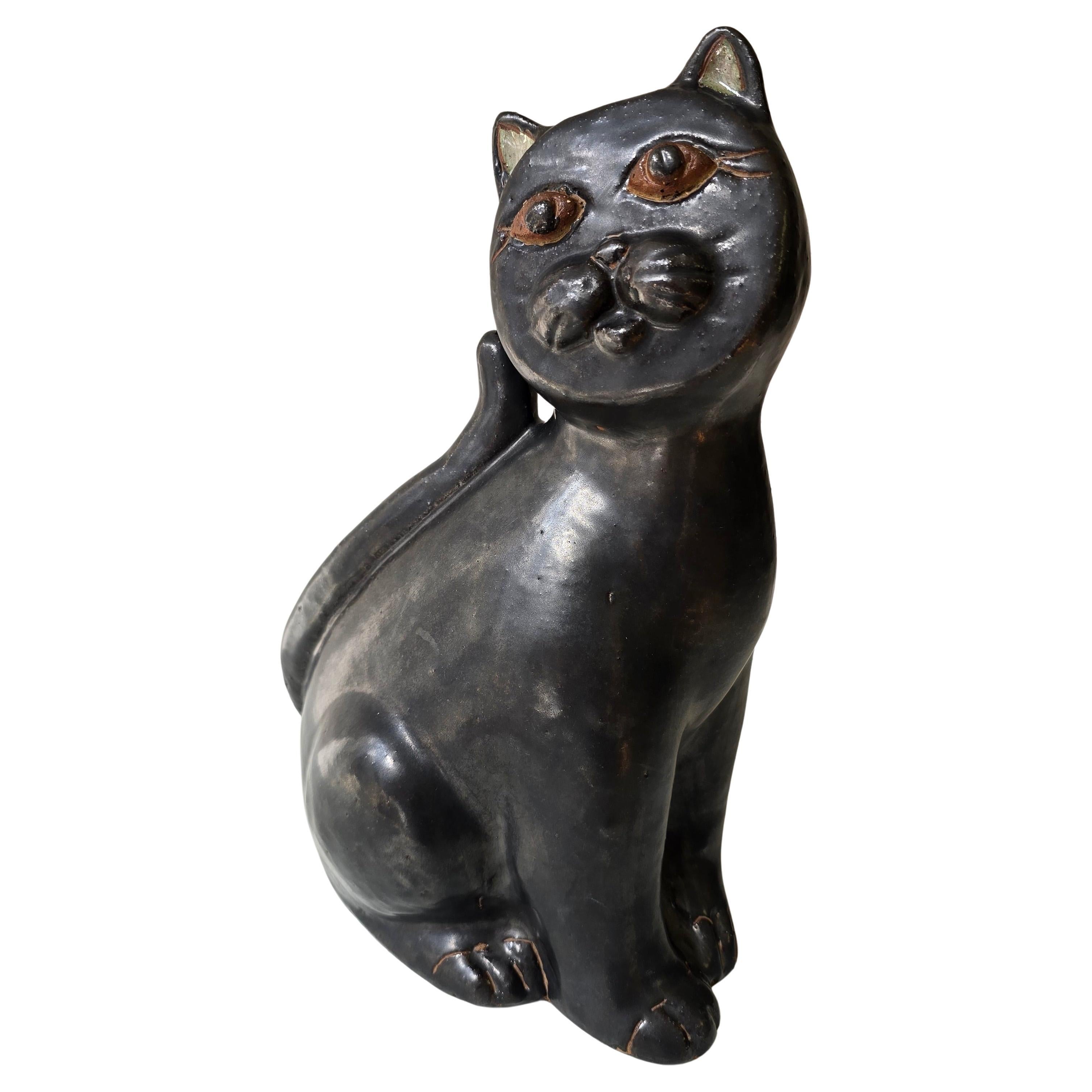 Scultura di gatto in ceramica nera, stile metà del secolo scorso, in stile Vallauris AM in vendita