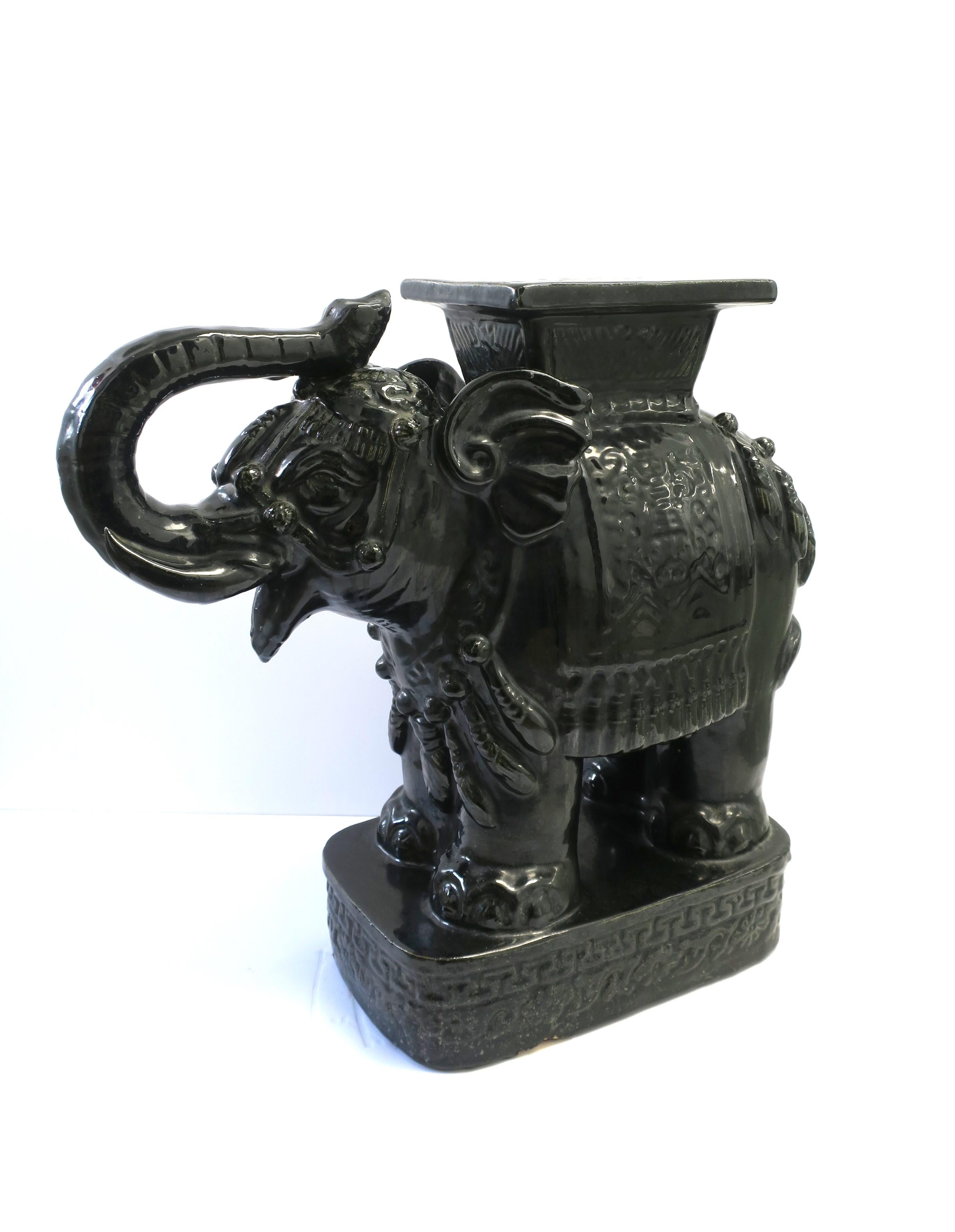Hollywood Regency Black Ceramic Elephant End Drink Table or Patio Garden Plant Stand