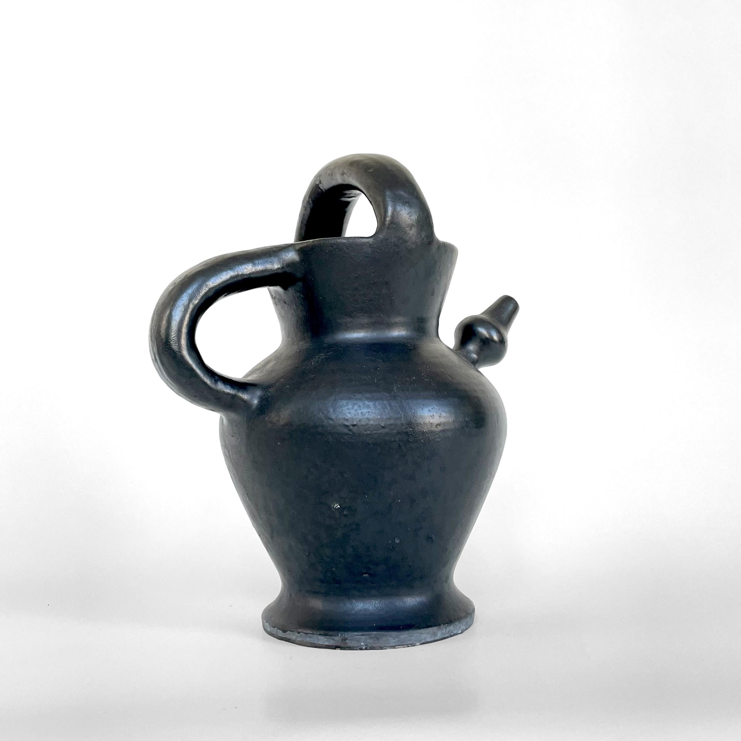 French Black ceramic gargoulette by Robert Picault, circa 1955 For Sale