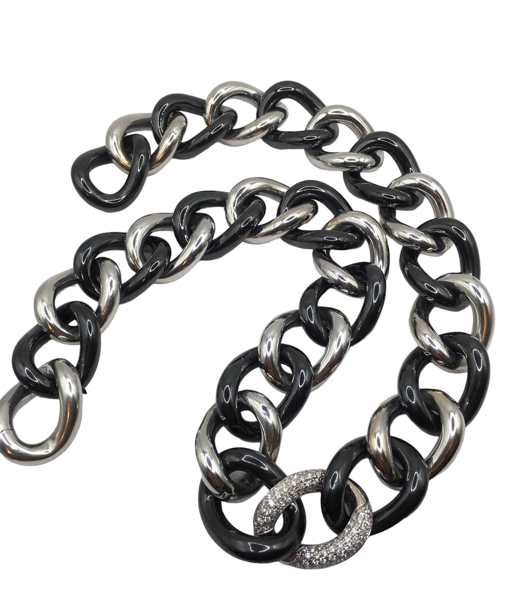 Black ceramic groumette necklace in 18 kt white gold
The ceramic is a very resistant material. 
This iconic collection in Micheletto tradition was originally made only in gold just more or less 10 years ago it became very popular the ceramic