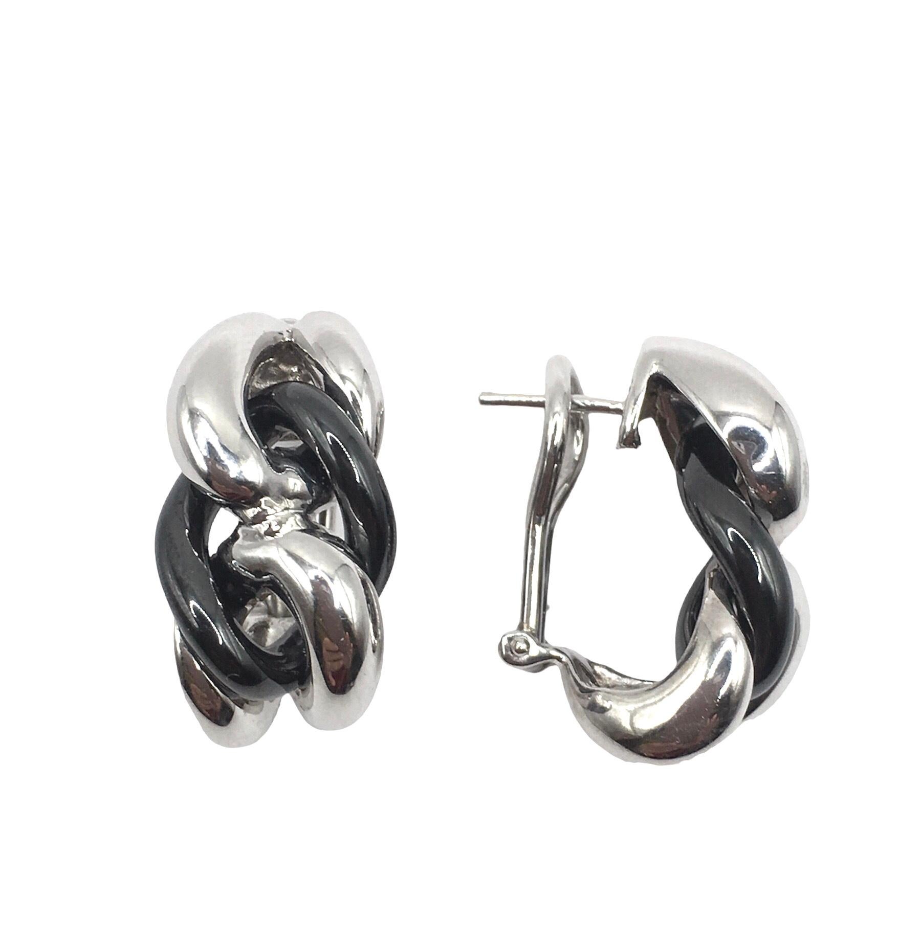 Women's Black ceramic groumette pair of earrings 18 kt white gold For Sale
