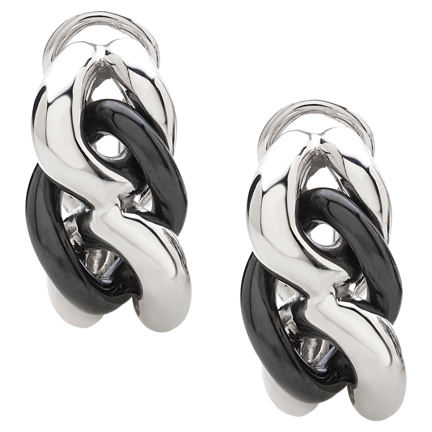 Black ceramic groumette pair of earrings 18 kt white gold For Sale