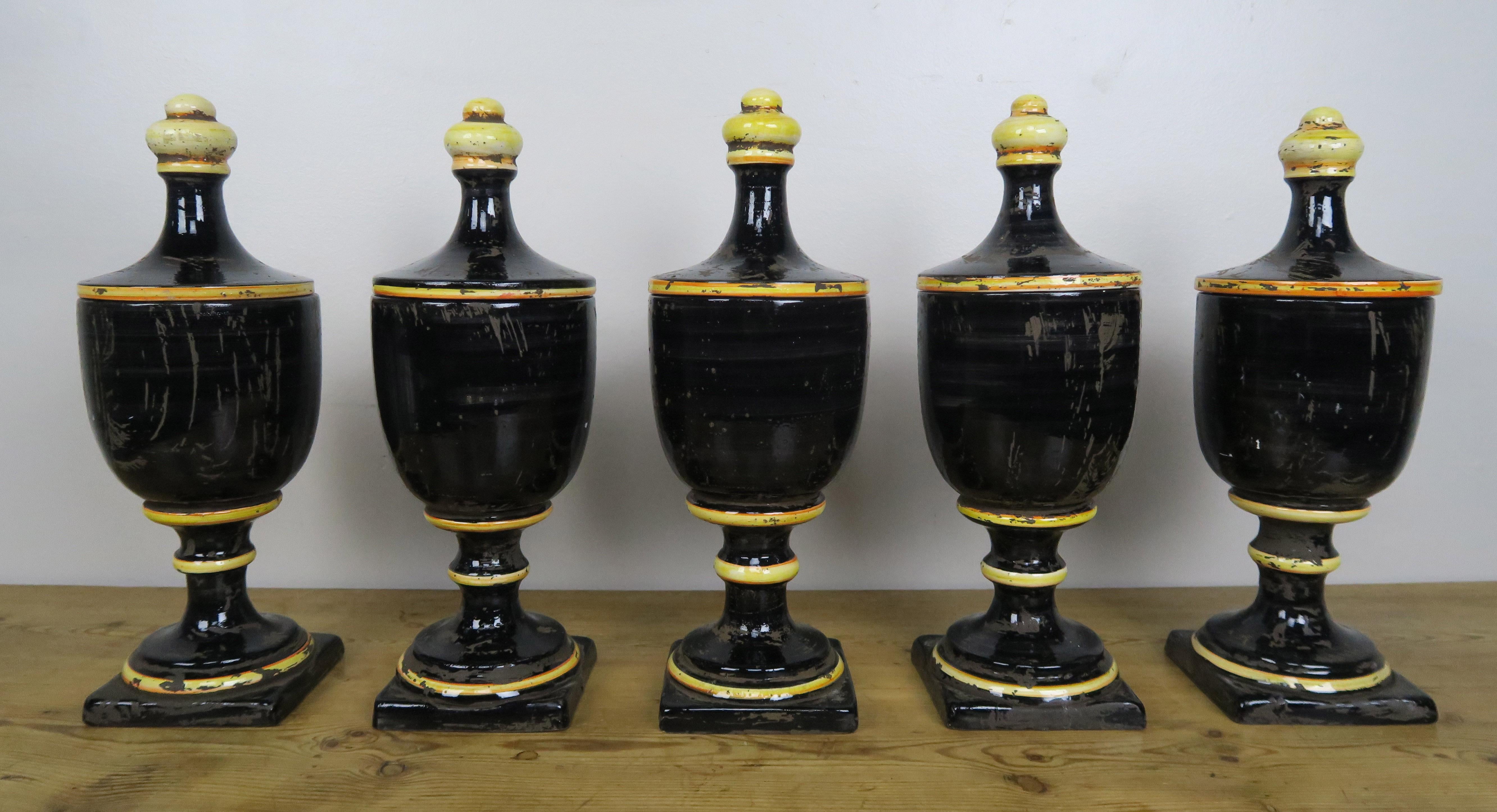 Black Ceramic Italian Pharmacy Jars-Set of Five 3