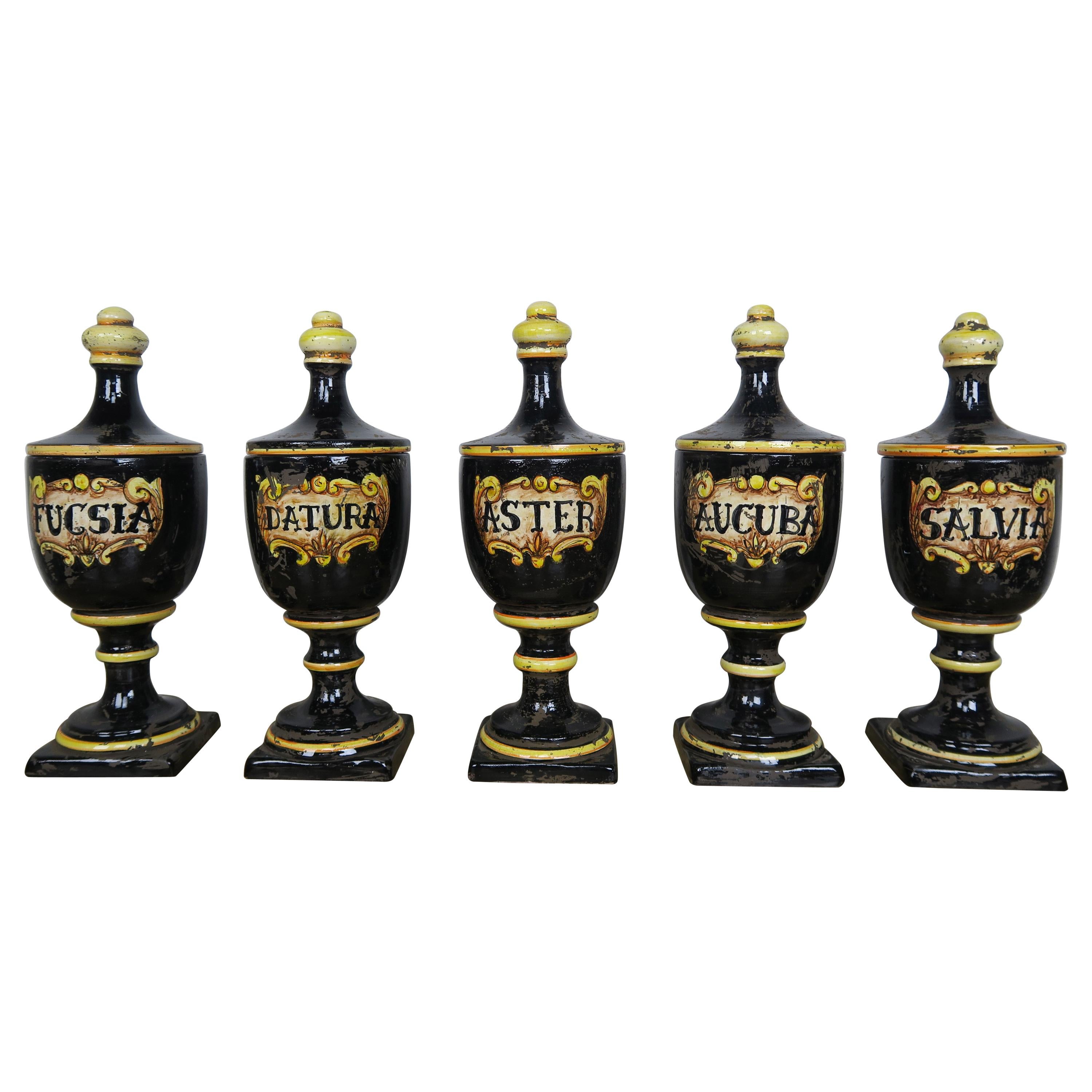 Black Ceramic Italian Pharmacy Jars-Set of Five