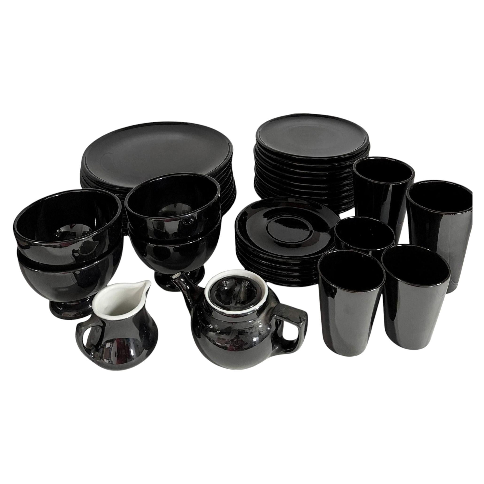 Black Ceramic Mid Century 34 Piece Dinner Plate, Cup & Tea Set