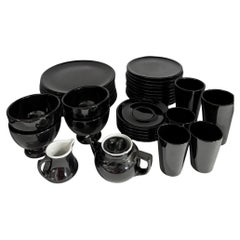 Black Ceramic Mid Century 34 Piece Dinner Plate, Cup & Tea Set