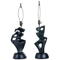 Vintage Black Ceramic Modern Cubist Figural Male and Female Table Lamps by RIMA, NY