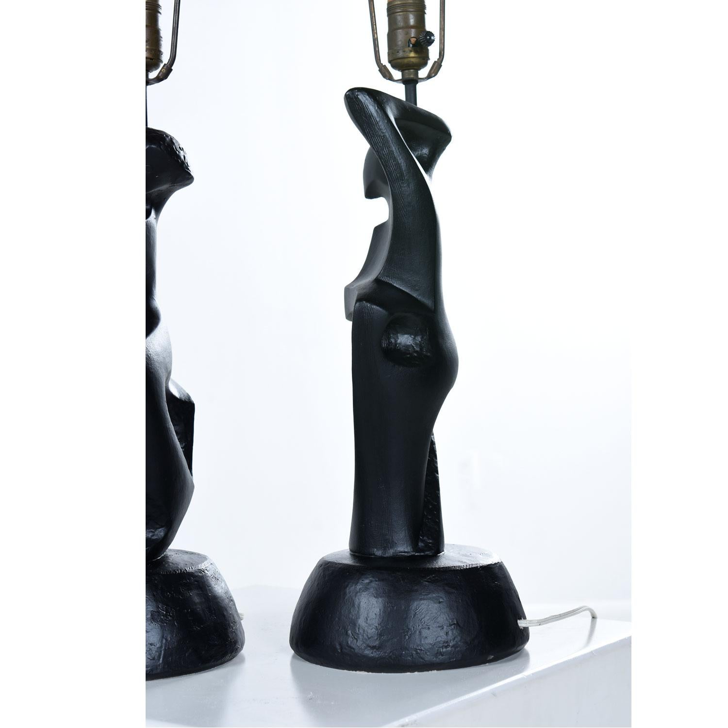 Mid-Century Modern Black Ceramic Modern Cubist Figural Male and Female Table Lamps by RIMA, NY