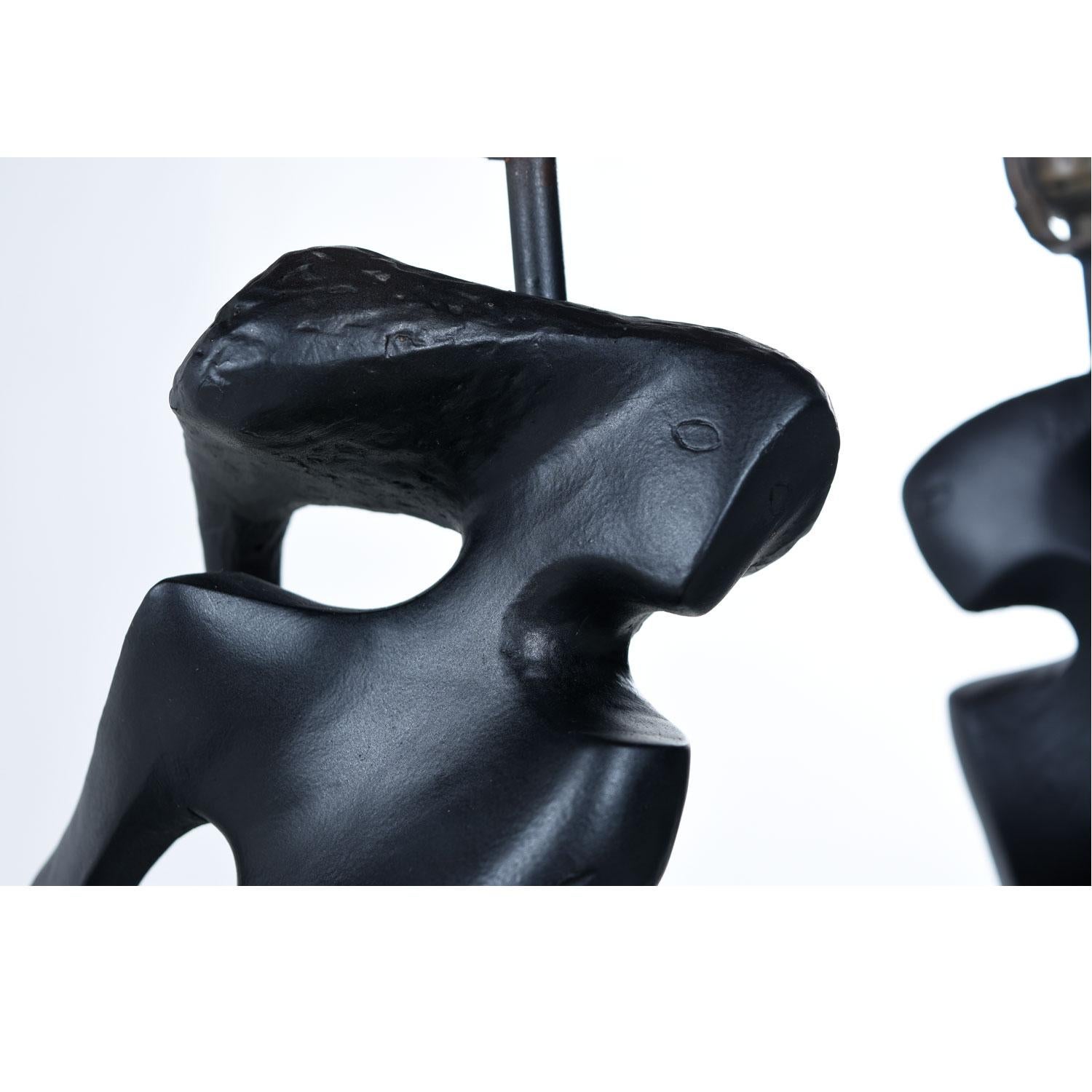 American Black Ceramic Modern Cubist Figural Male and Female Table Lamps by RIMA, NY
