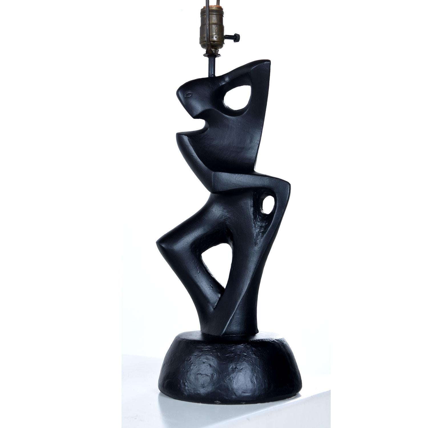 Black Ceramic Modern Cubist Figural Male and Female Table Lamps by RIMA, NY 1