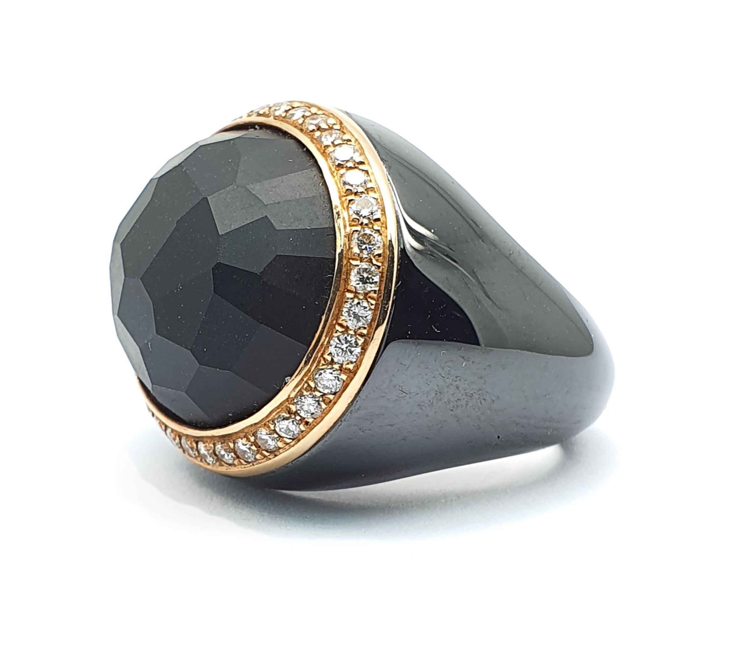 Contemporary Black Ceramic Ring with a Git Center Stone and 0.90 Carat White Diamonds For Sale