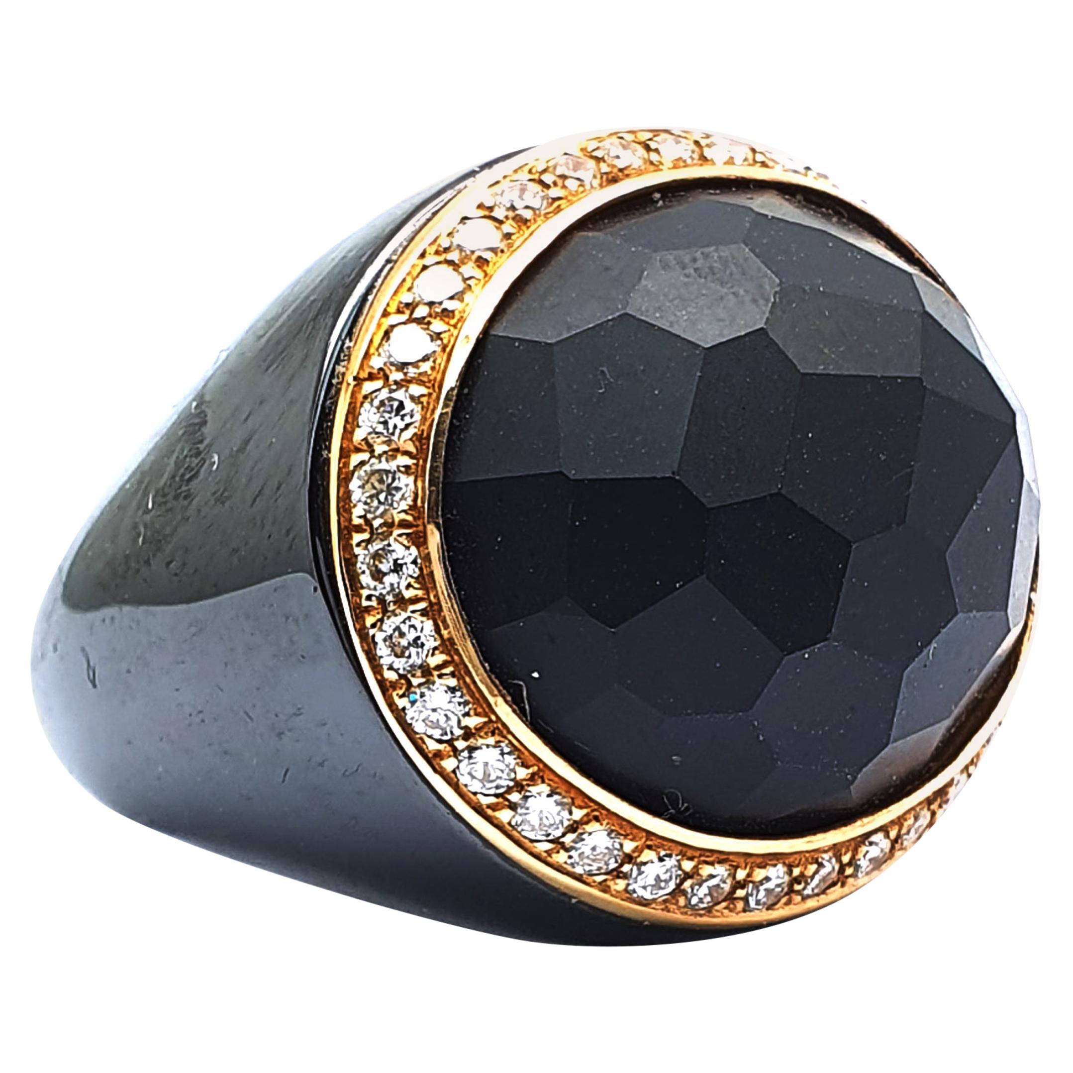 Black Ceramic Ring with a Git Center Stone and 0.90 Carat White Diamonds For Sale