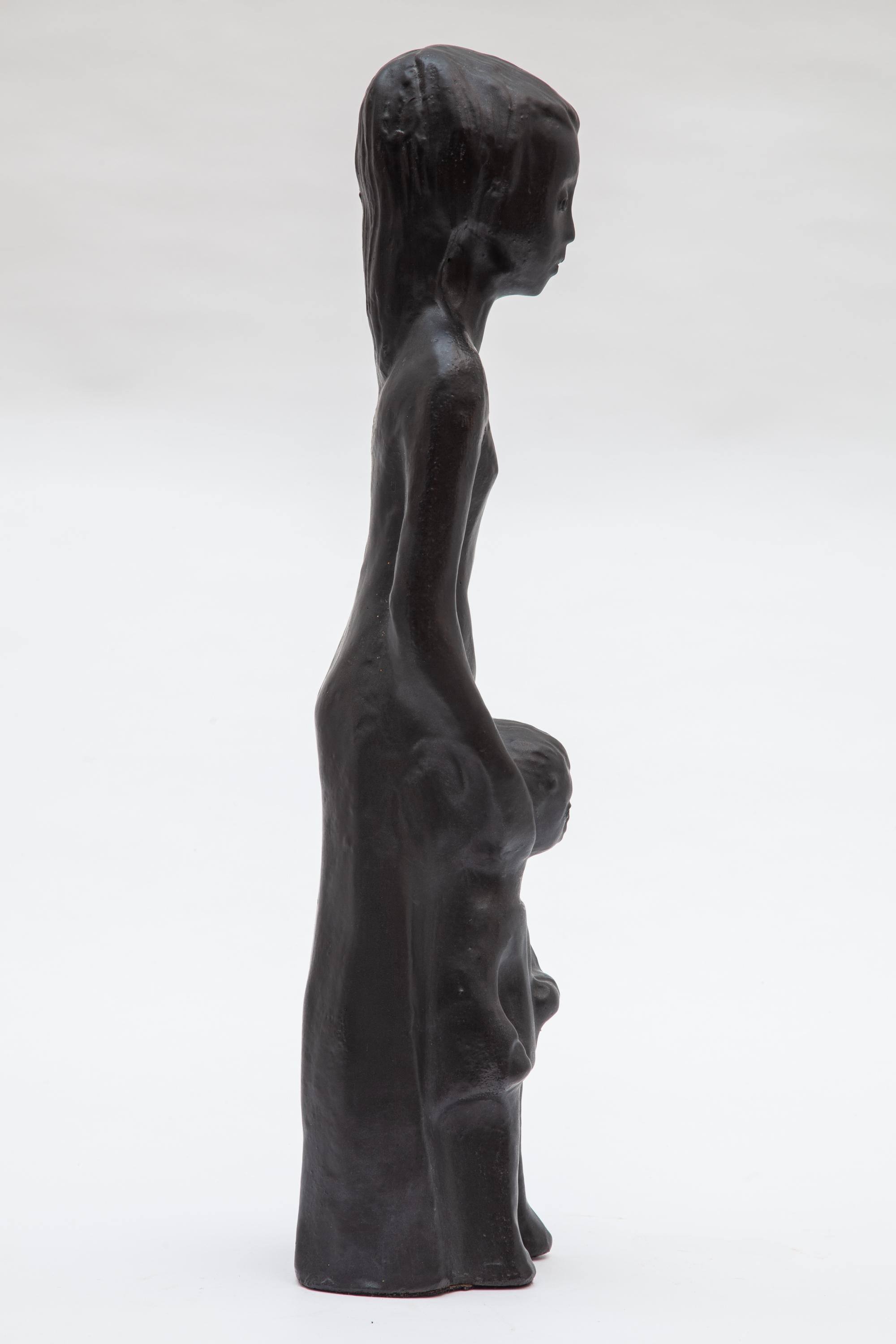 Mid-Century Modern Black Ceramic Sculpture of Mother and Child by Elie Van Damme, Belgium For Sale